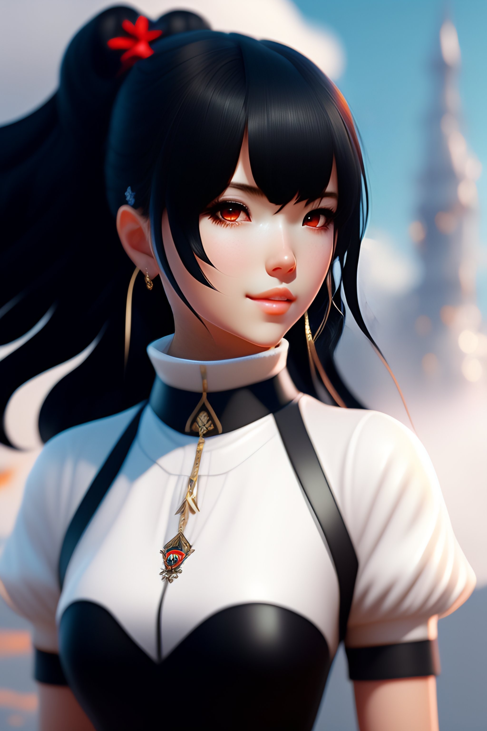 Lexica Cute Anime Girl With Red Eyes Black Hair Wearing White Black Outfit Costume Black Hair 5427