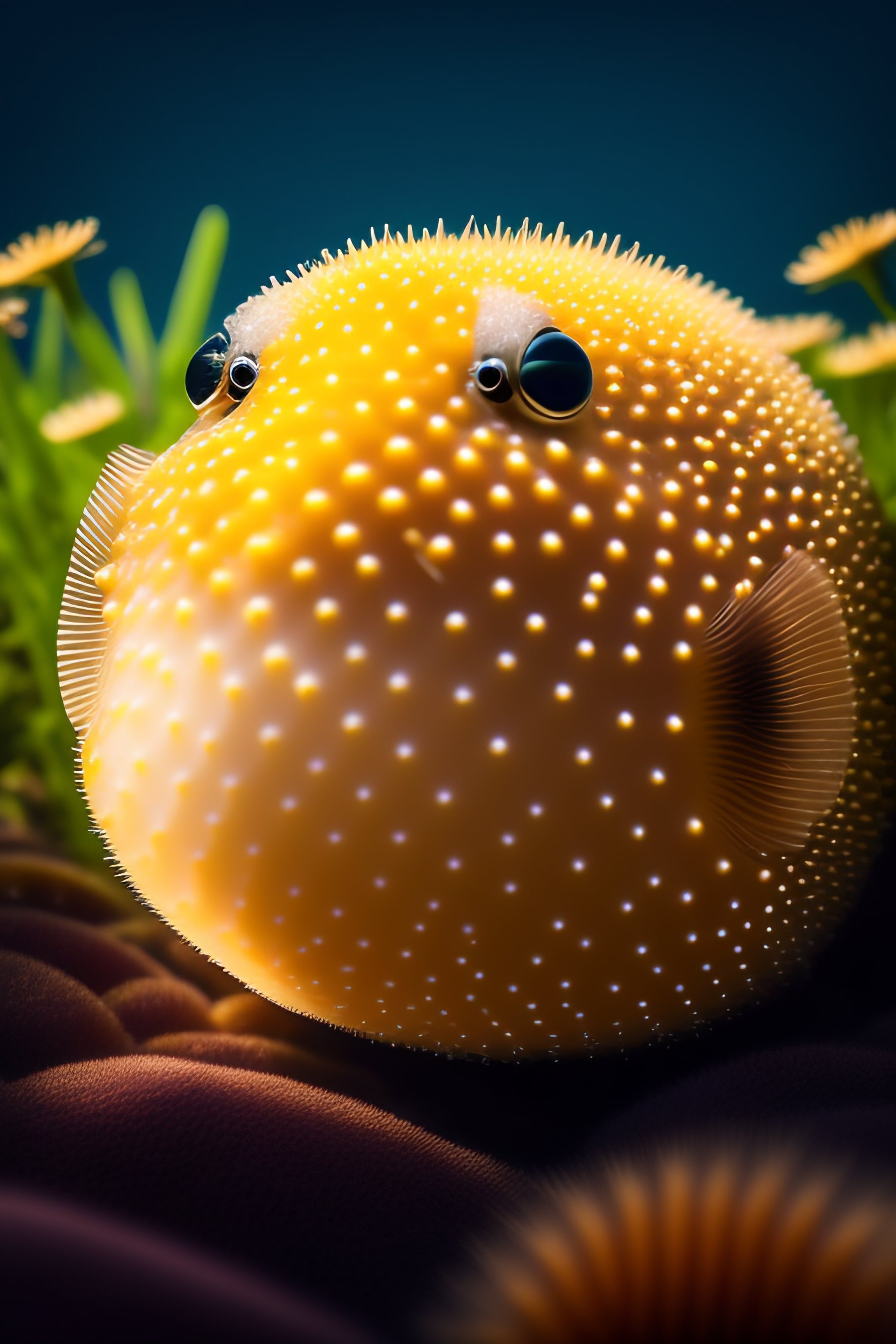 Lexica A Cute Puffer Fish Relaxing In A Field Of Flowers