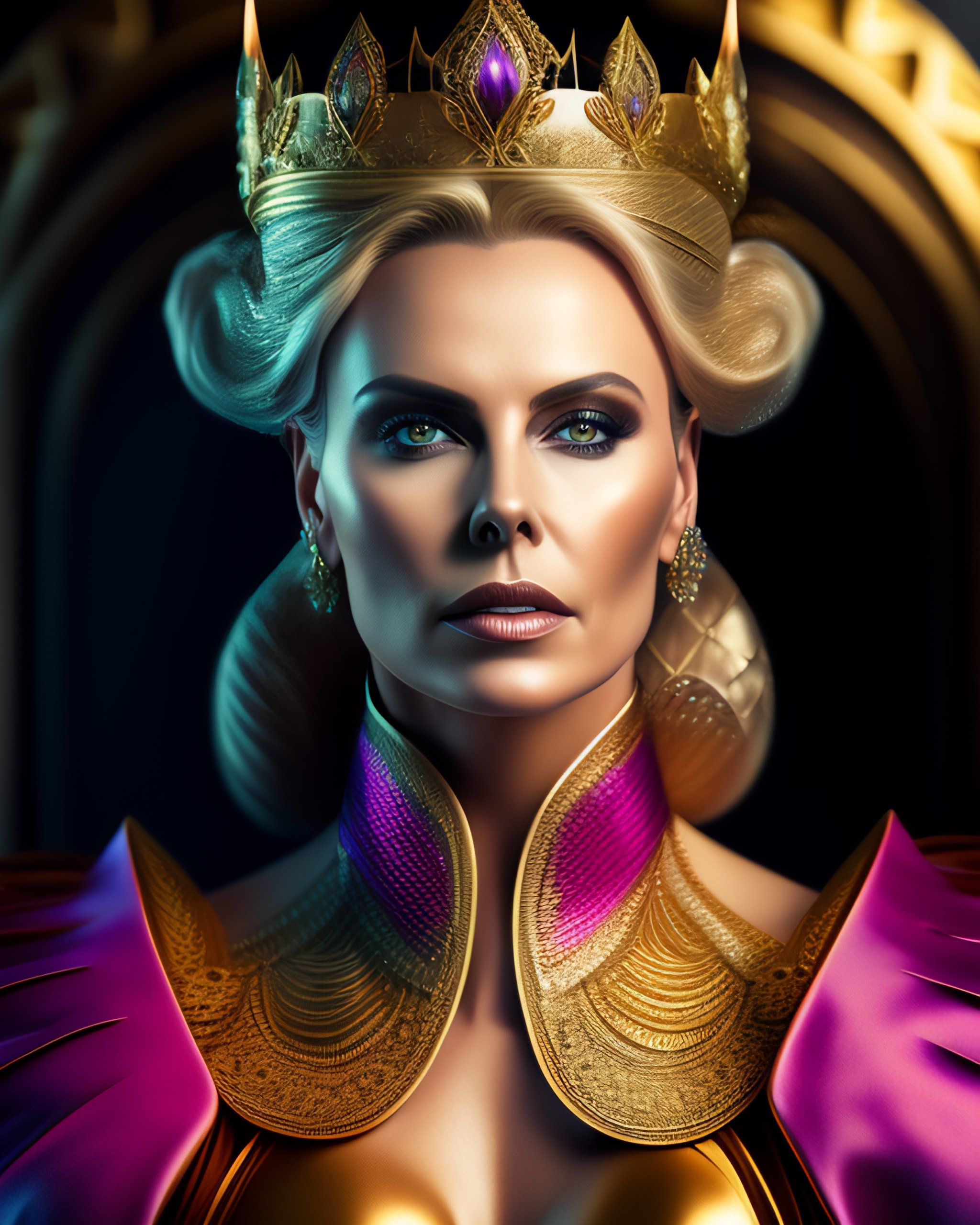 Lexica Portrait Shot Of 34 Charlize Theron As Queen Ravenna An Evil Woman Very Angry Face 