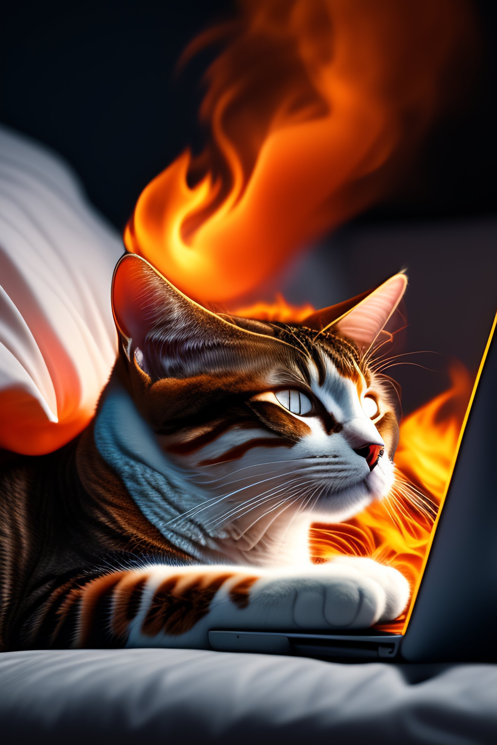 Lexica - Portrait of a cat sleeping on a bed, computer with code on the ...