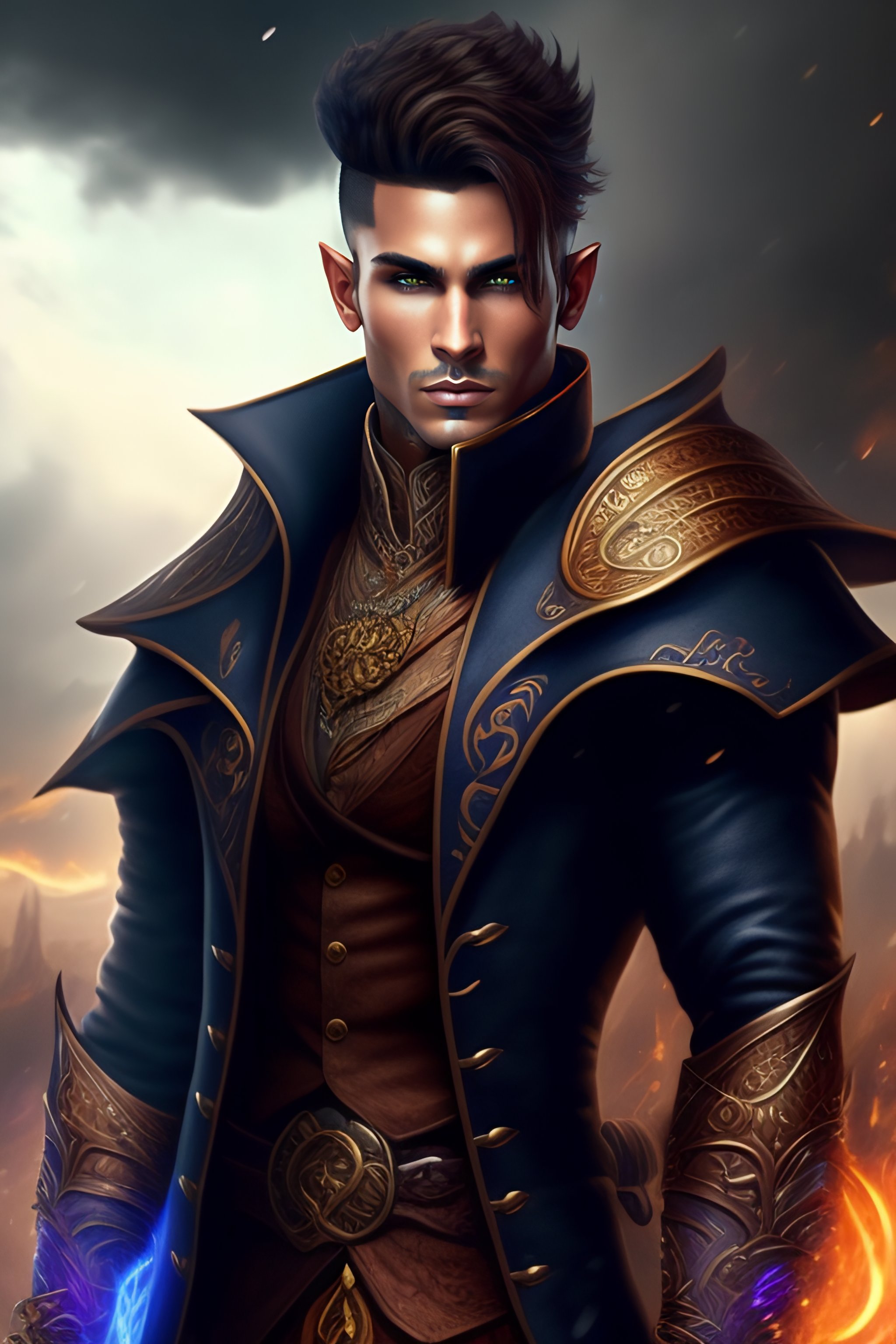 Lexica - A tattooed male half-elf storm sorcerer with brown hair and a ...