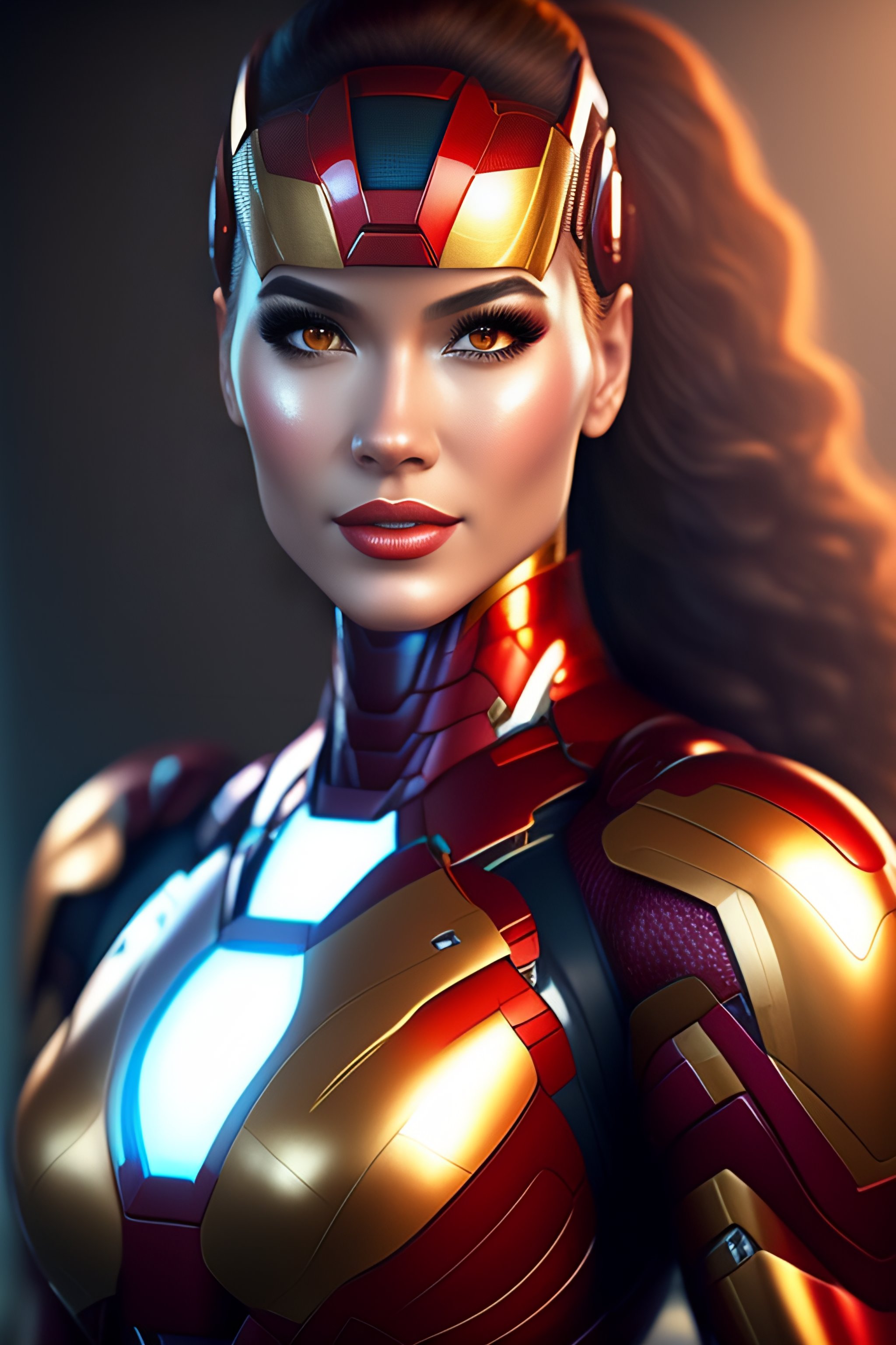 Lexica - A female version of Iron-Man in full body view, dream-like art ...