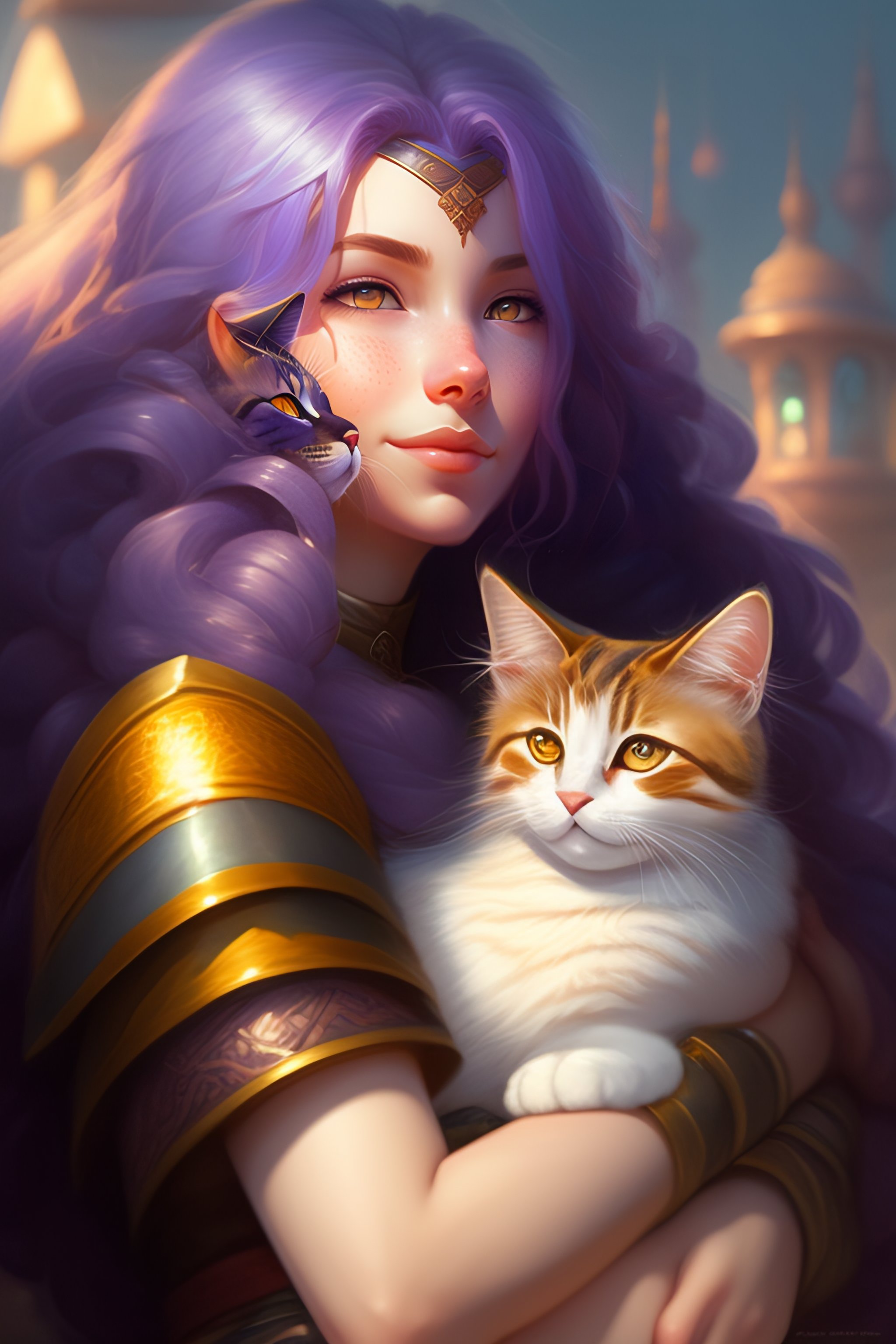 Lexica - A detailed portrait of a cute calm purple hair girl hugging a ...