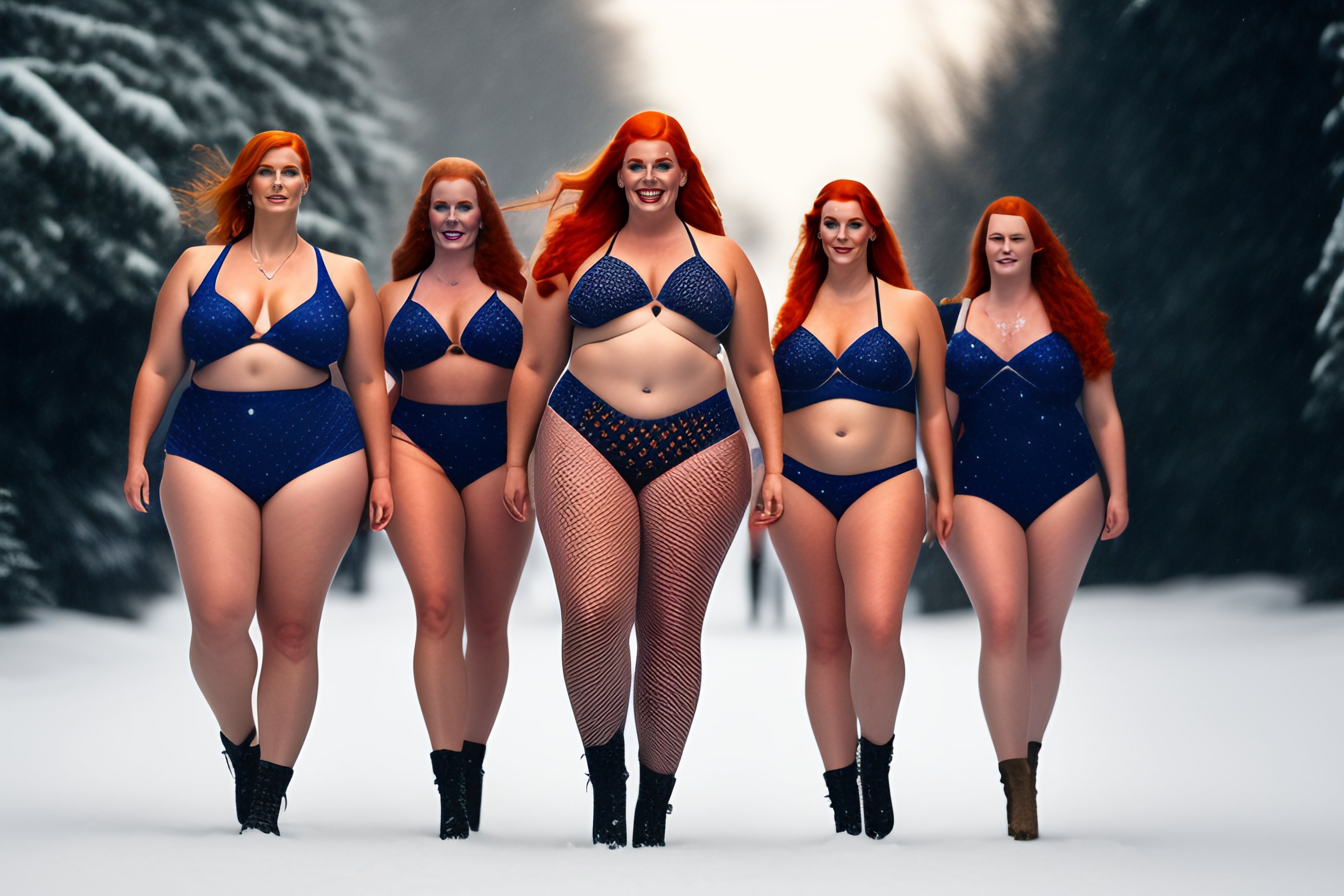 Lexica - A group of symmetrical smiling plus size redhead woman dressed in  mesh string bikinis walking on lawn full height long legs snowing