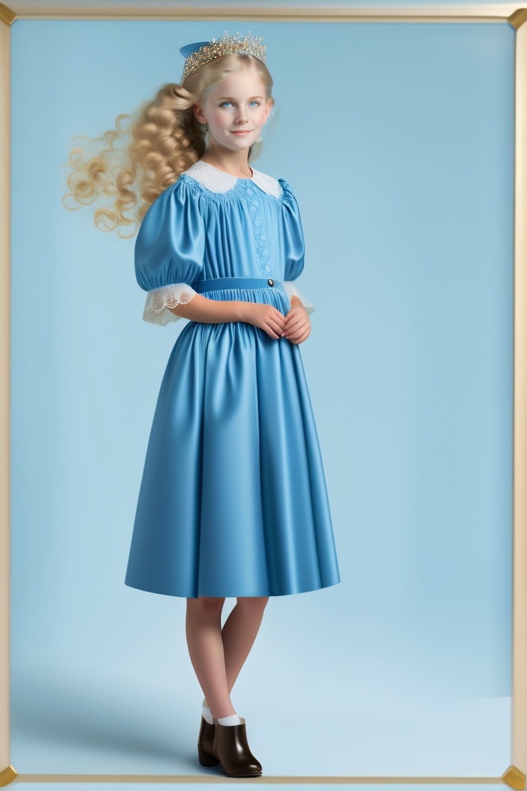 Lexica - A young woman is standing in a light blue dress with golden ...