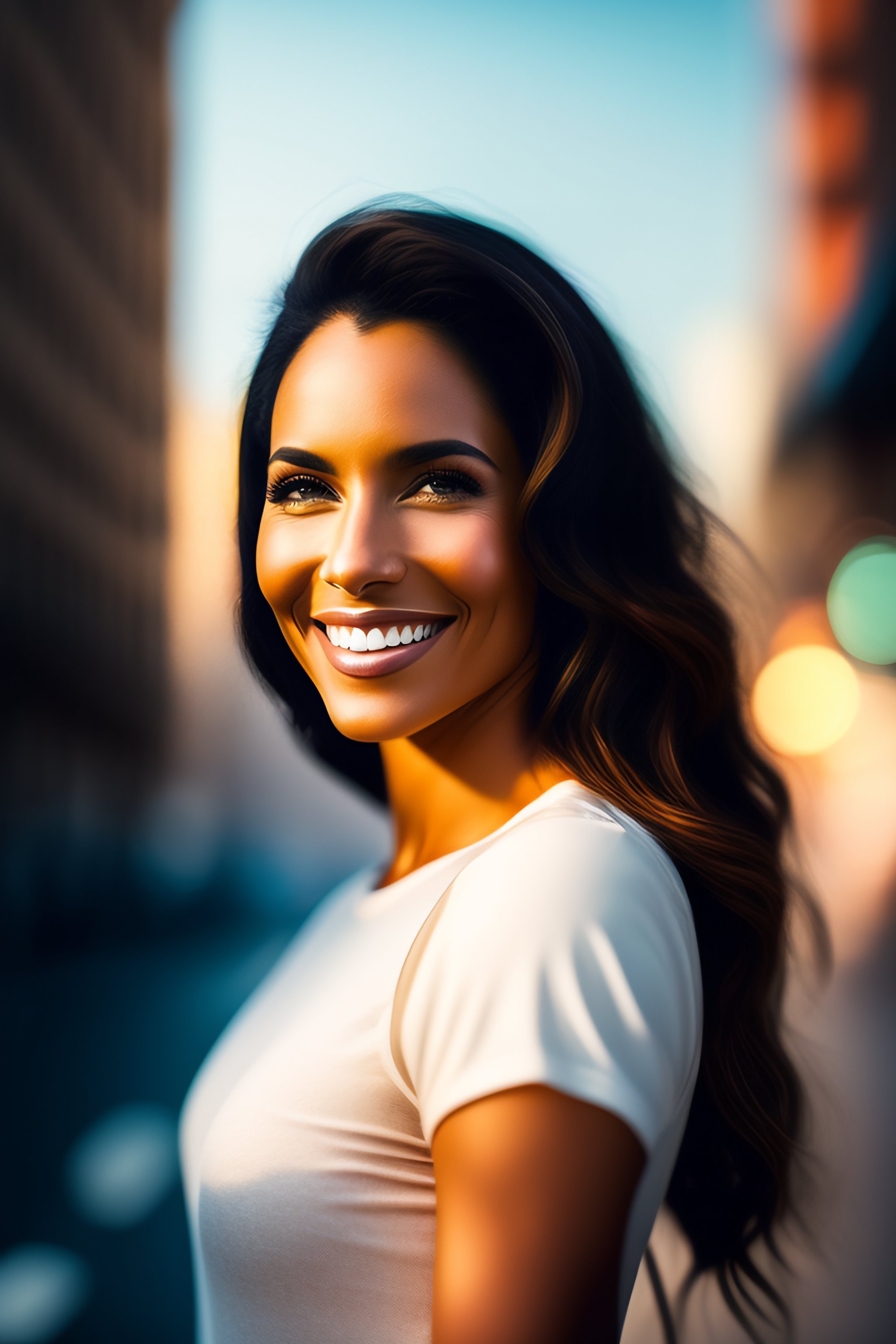 Lexica - Cross-armed woman looking to the side and smiling in a city