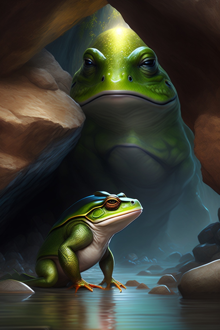 Lexica - A powerful warrior faces a gigantic sad frog inside a cave ...