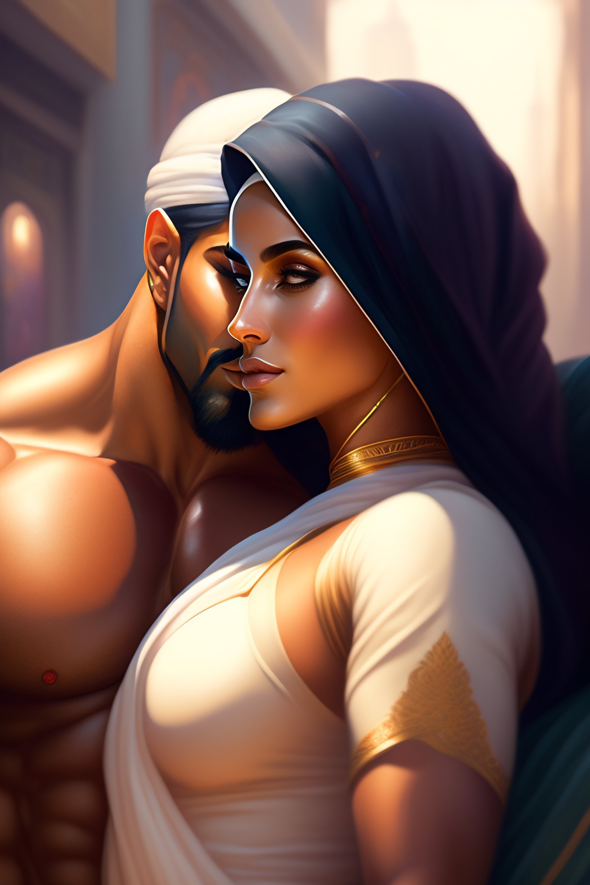 Lexica - Muslim hijabi girl kissing hindu muscular man, clothed, laying in  bed, sharp details, sharp focus, elegant, highly detailed, illustration,  b...