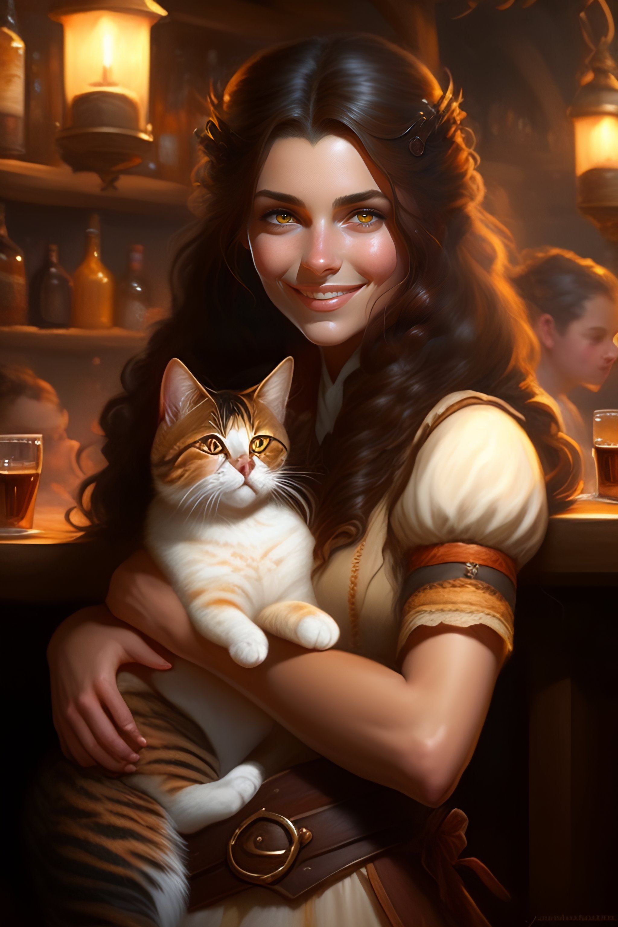Lexica - A detailed portrait of a cute brunette girl hugging a tabby ...
