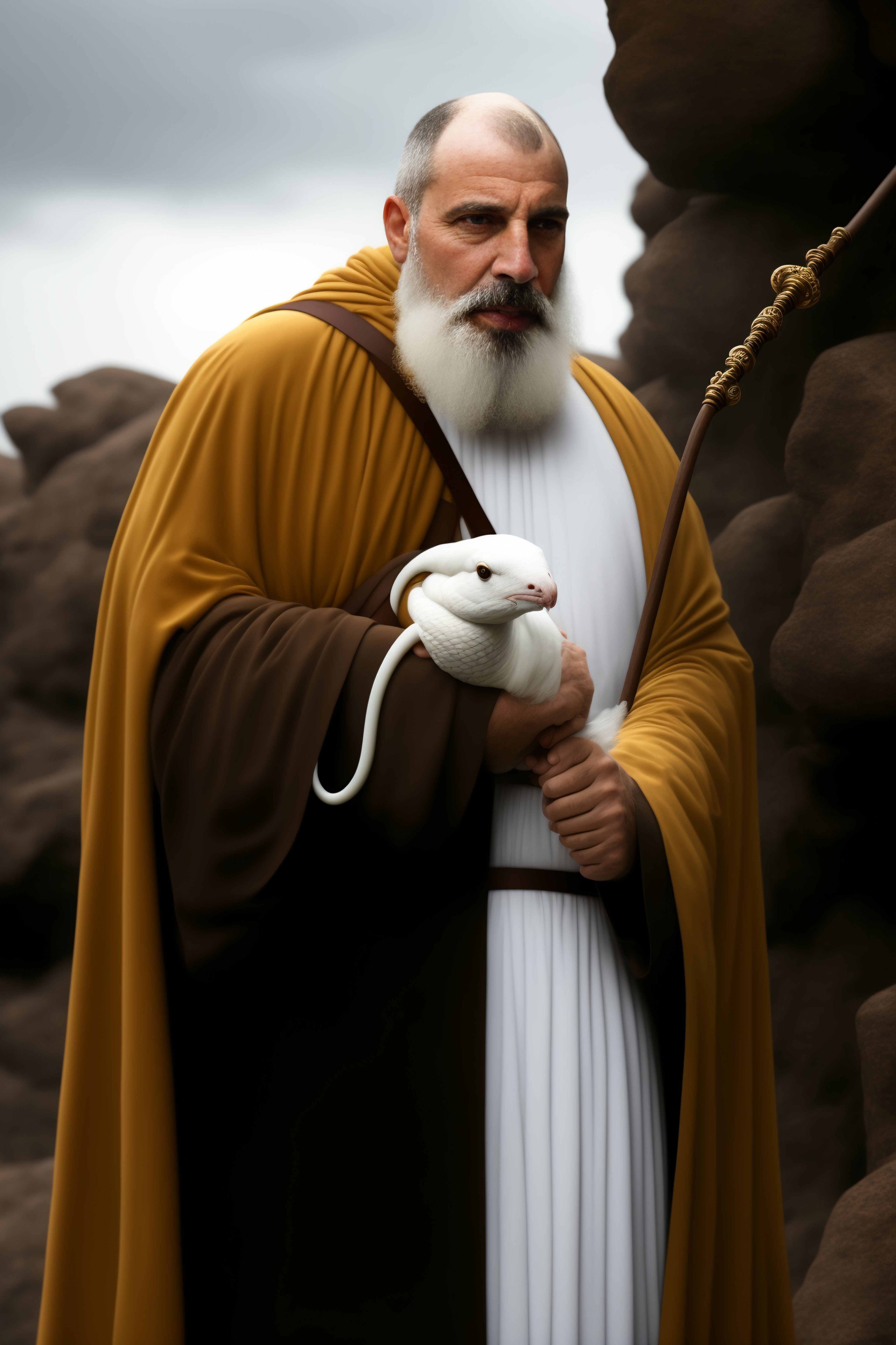 Lexica - One Greek monk in dark robe hold a staff that has a white ...