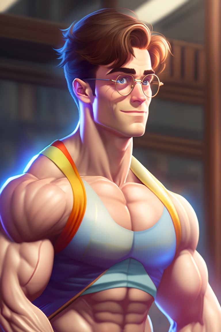 Lexica - Harry Potter as a very muscular man, gym bro with rounded glasses