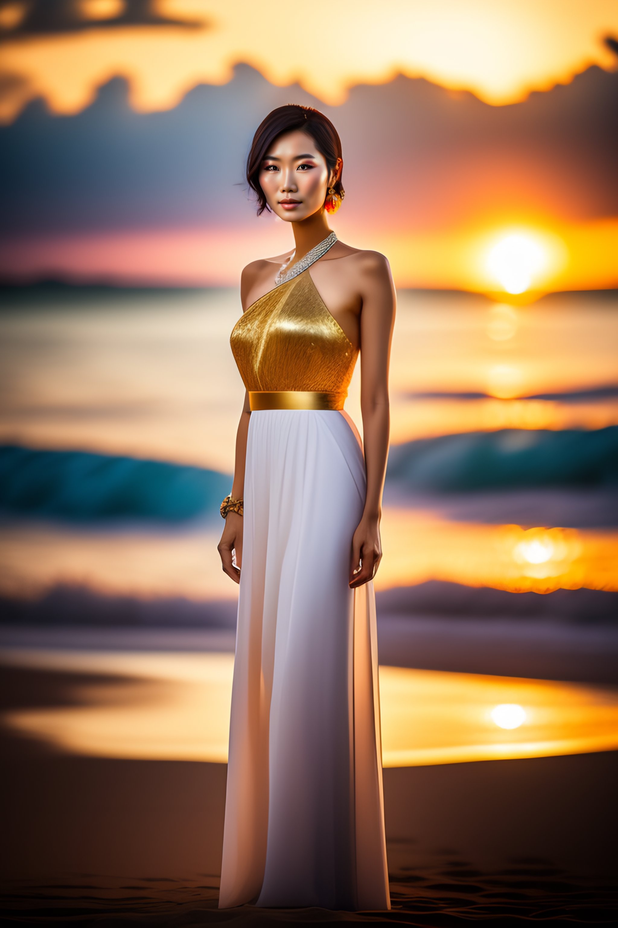 Lexica - A beautiful full body portrait of a beautiful hot Japanese girl,  beautiful detailed eyes, golden hour, standing on a beach in Boracay,  outdo