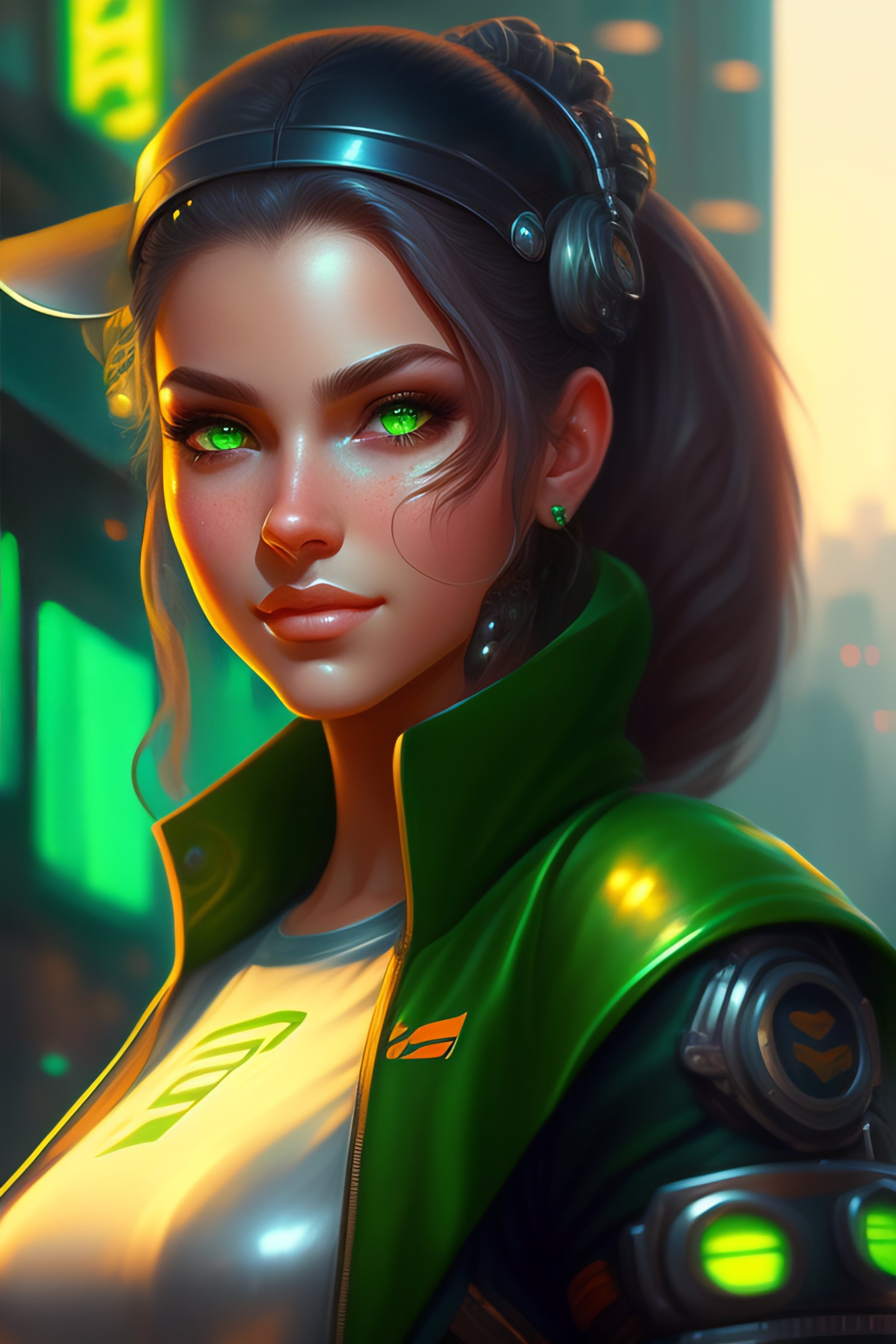 Lexica - A detailed painting of a cute cyberpunk girl with green eyes ...