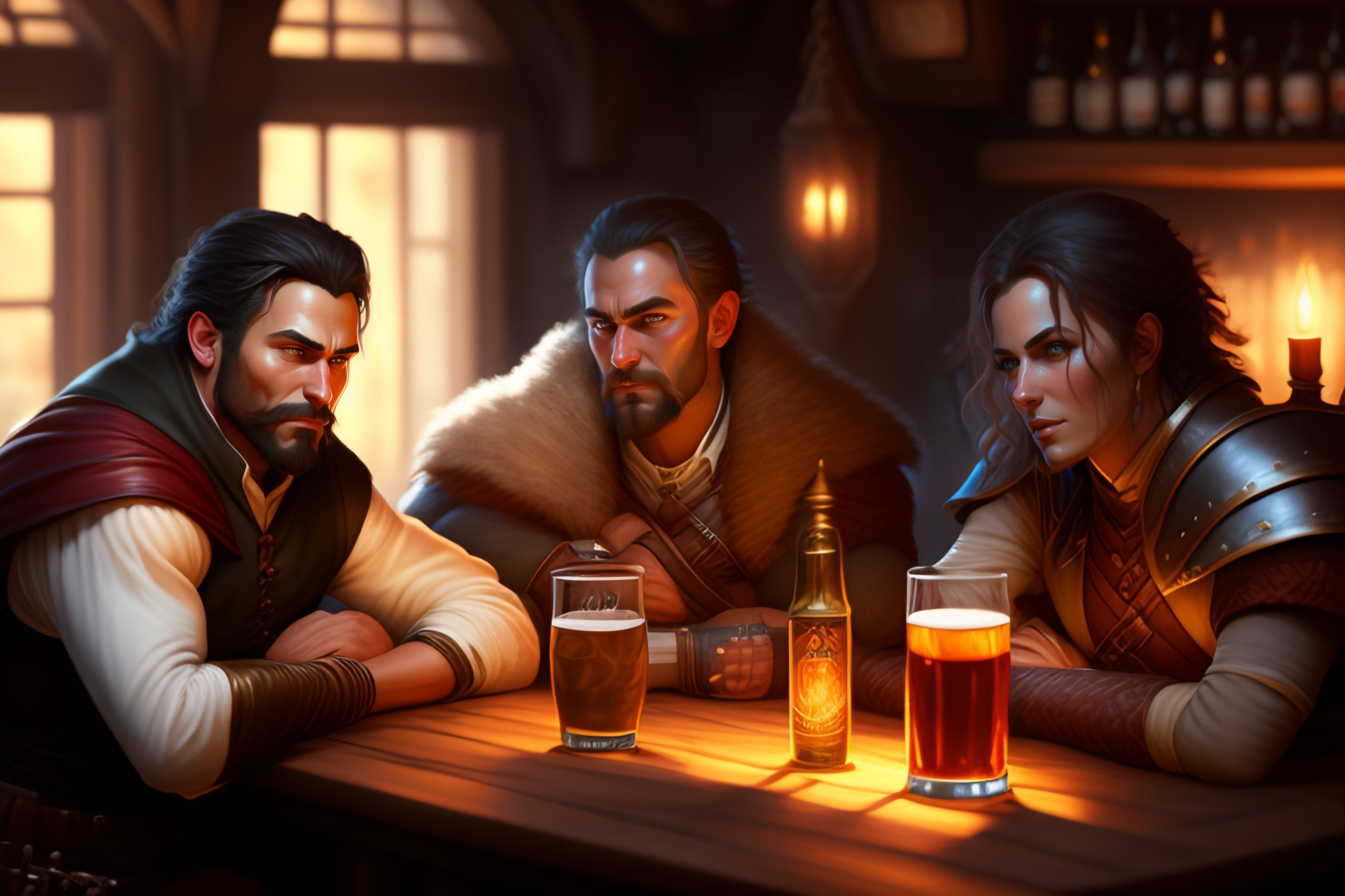 Lexica - 3 drunks at a table, interior tavern, medieval, high fantasy ...