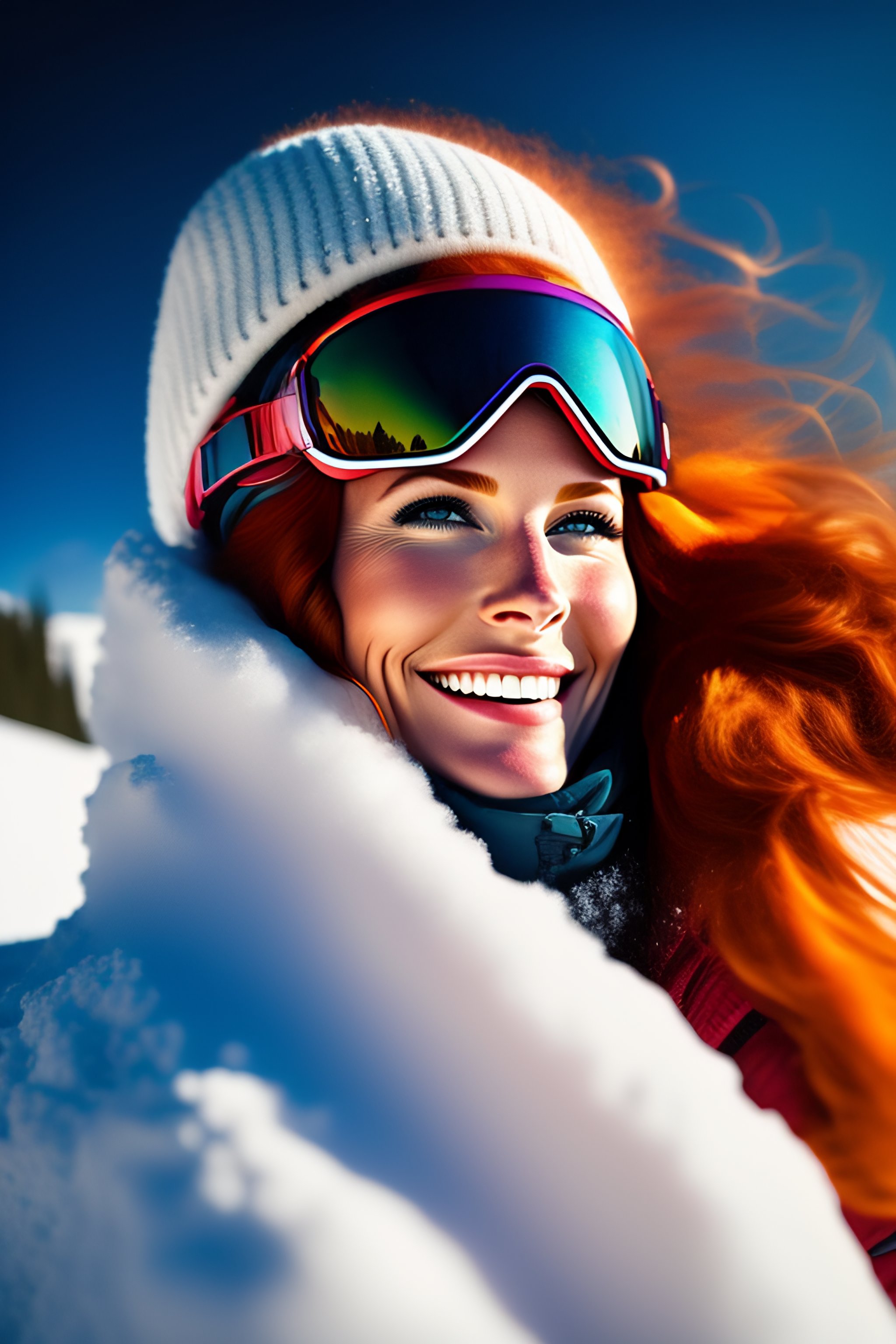 Lexica Blissed out redheaded woman skiing in deep powder
