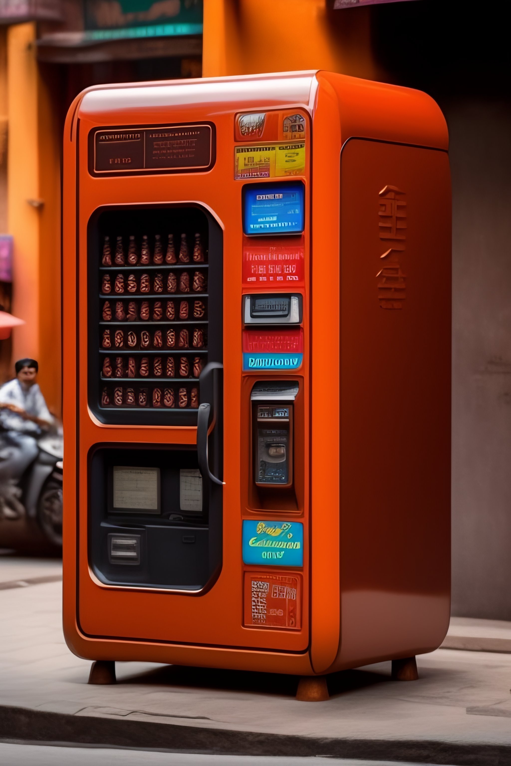Lexica 80s style rusty coffee vending machine in the middle of busy