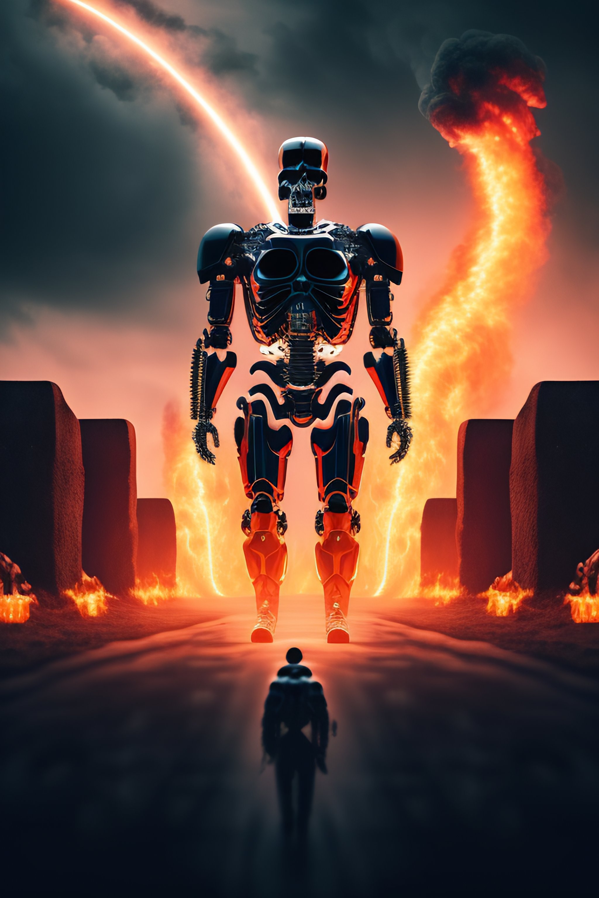 Lexica - Terminator cyborg walking across human skeletons, dark