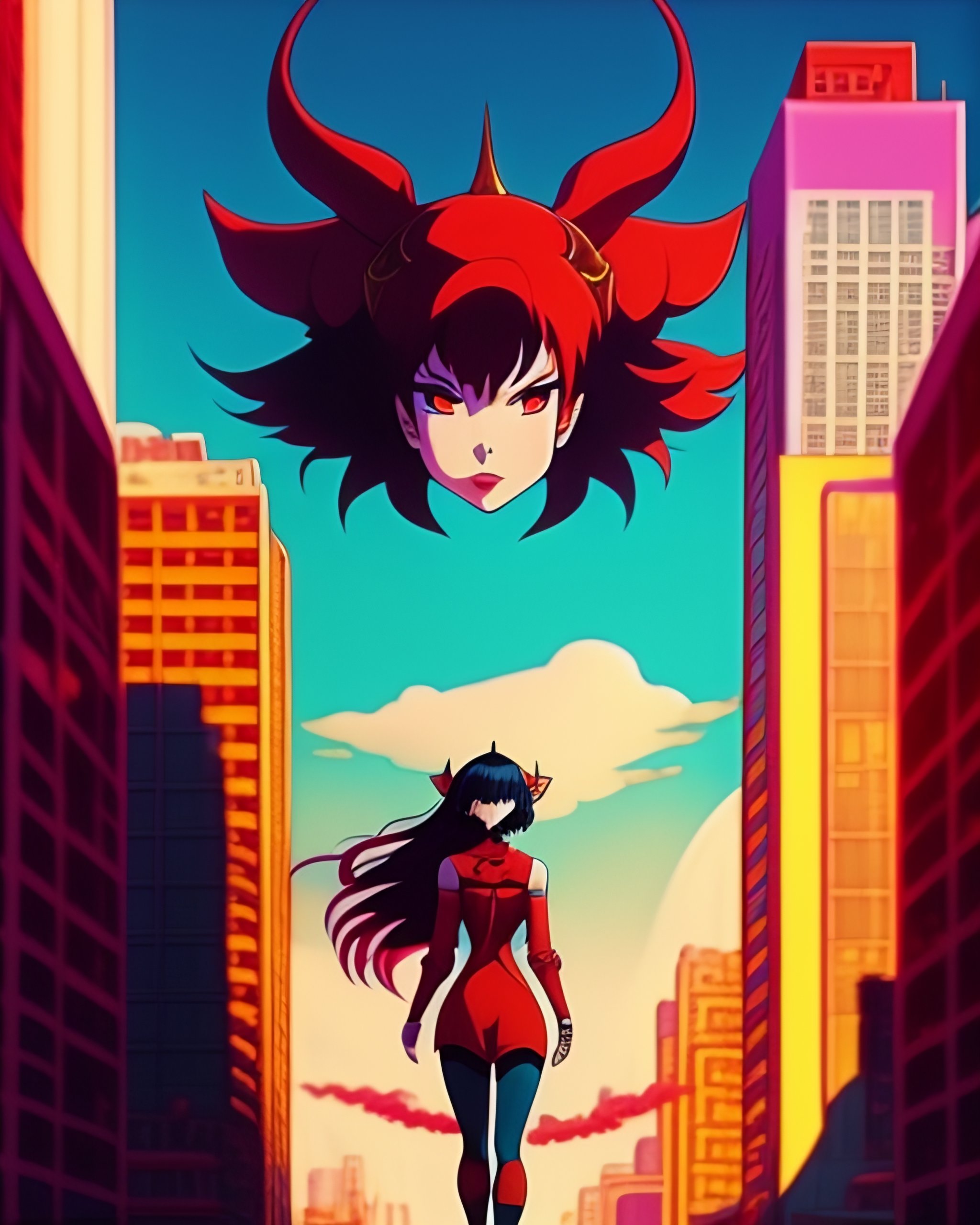 Lexica Full Body Devil Woman Floating On A City Backgorund Anime