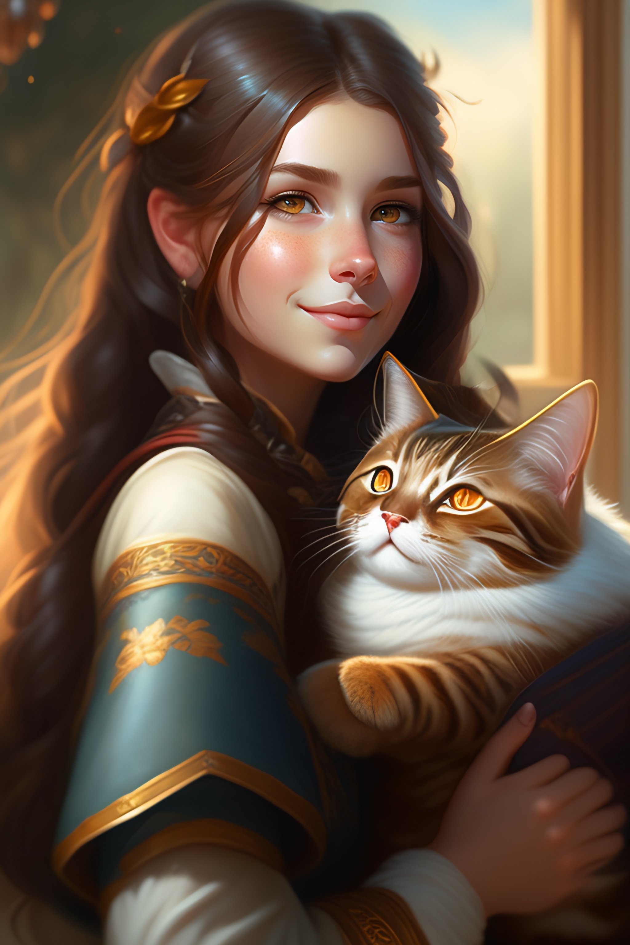 Lexica - A detailed portrait of a cute brunette girl hugging a tabby ...