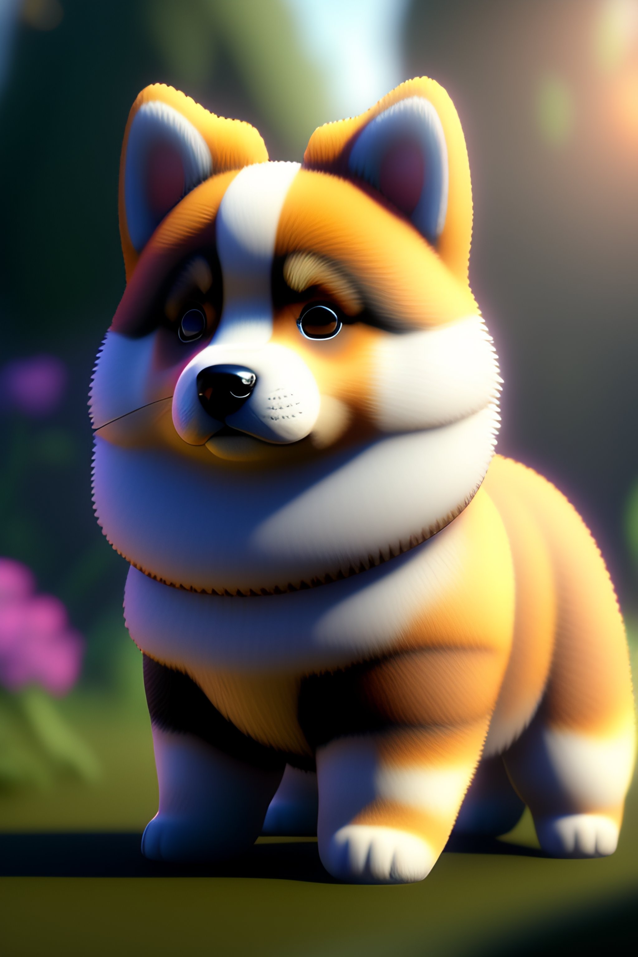 Lexica - Cute chibi akita dog, in the garden, 3D, unreal engine