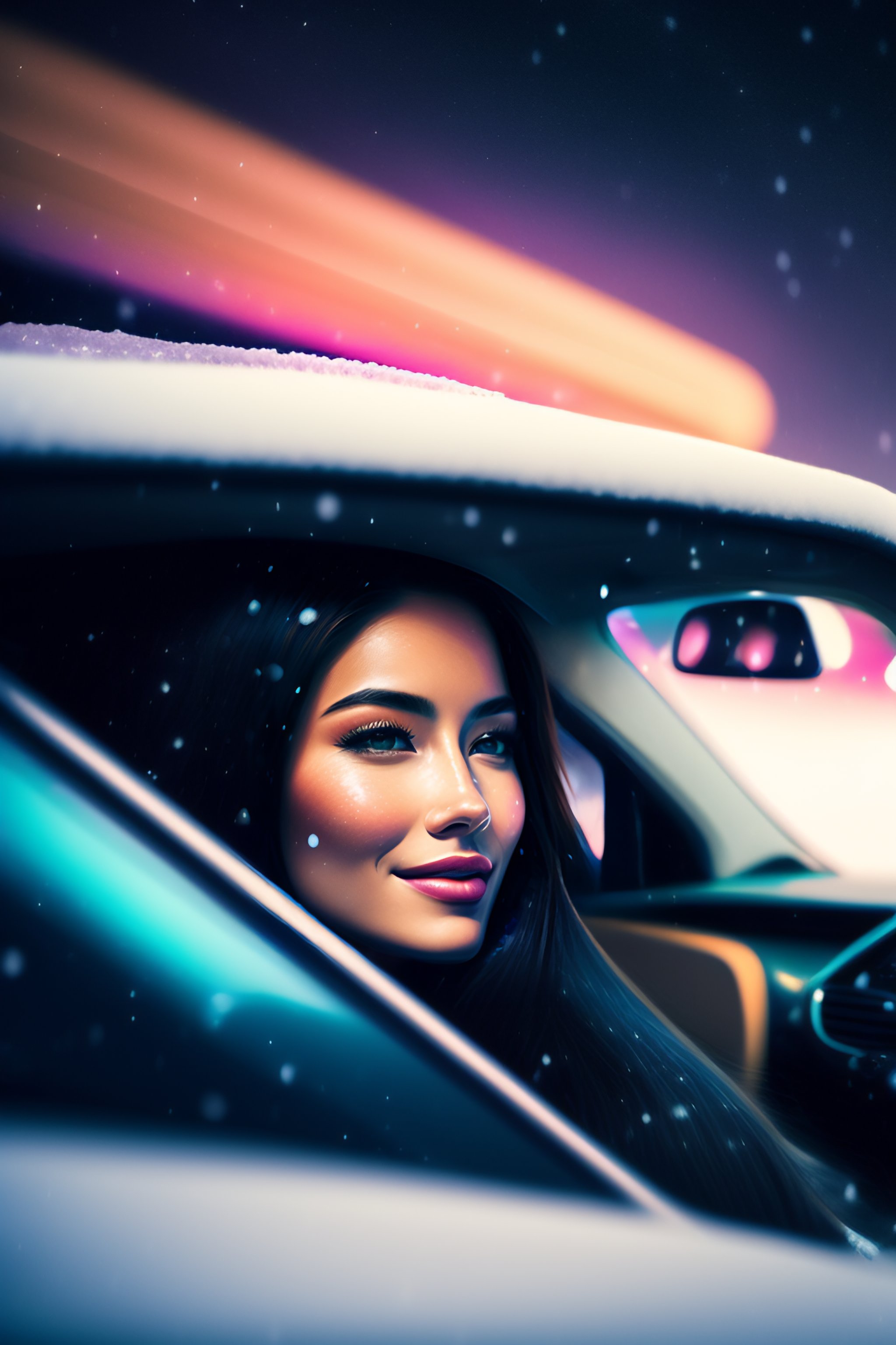 Lexica Beautiful girl midrange in a car rushing along the freeway