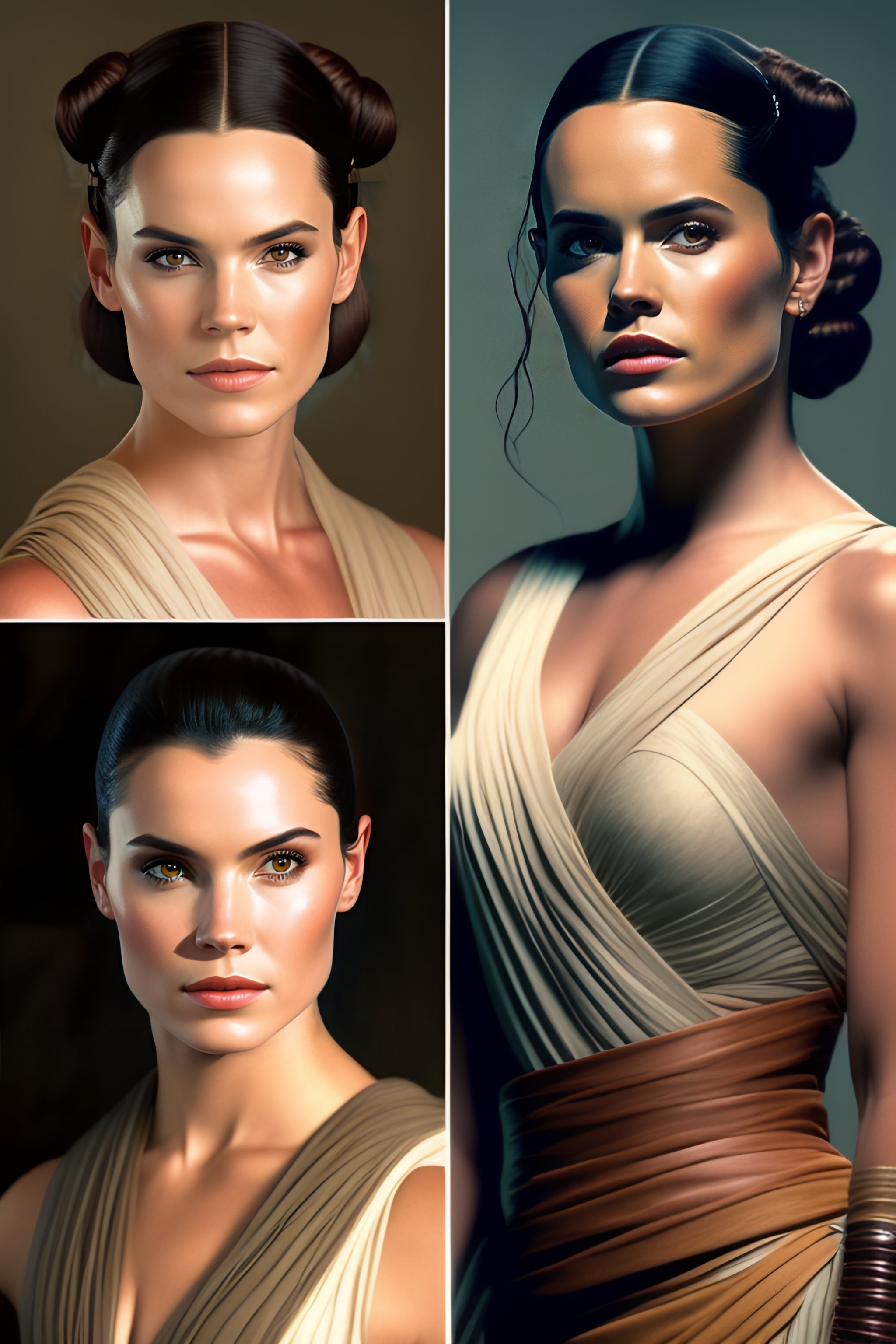 Lexica - Portrait of Star Wars Rey Skywalker in a form-fitting plunge-cut  tanktop, large-firm-chest, sweaty-glistening-skin