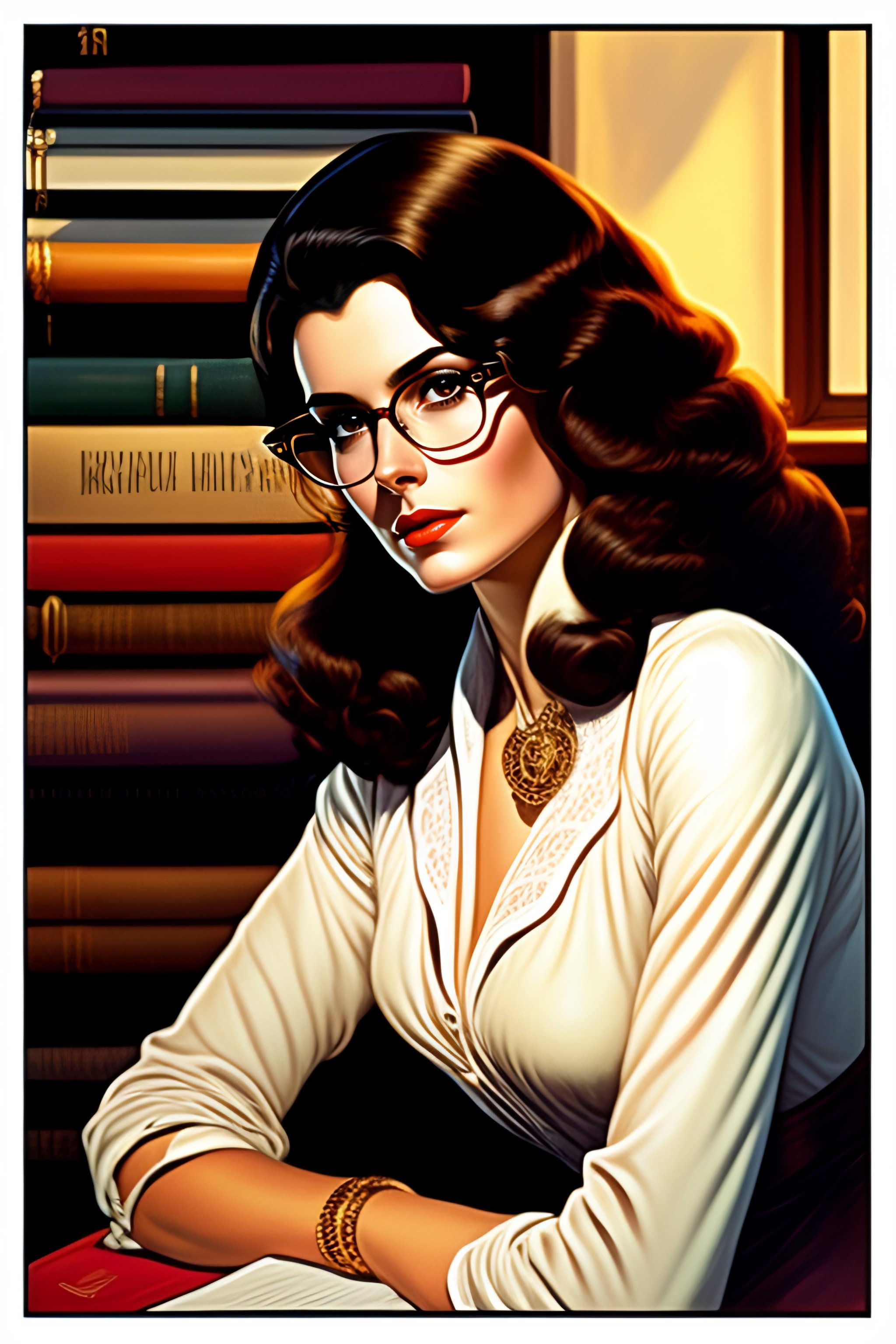 Lexica - A woman with short dark brown hair and metal glasses sitting ...