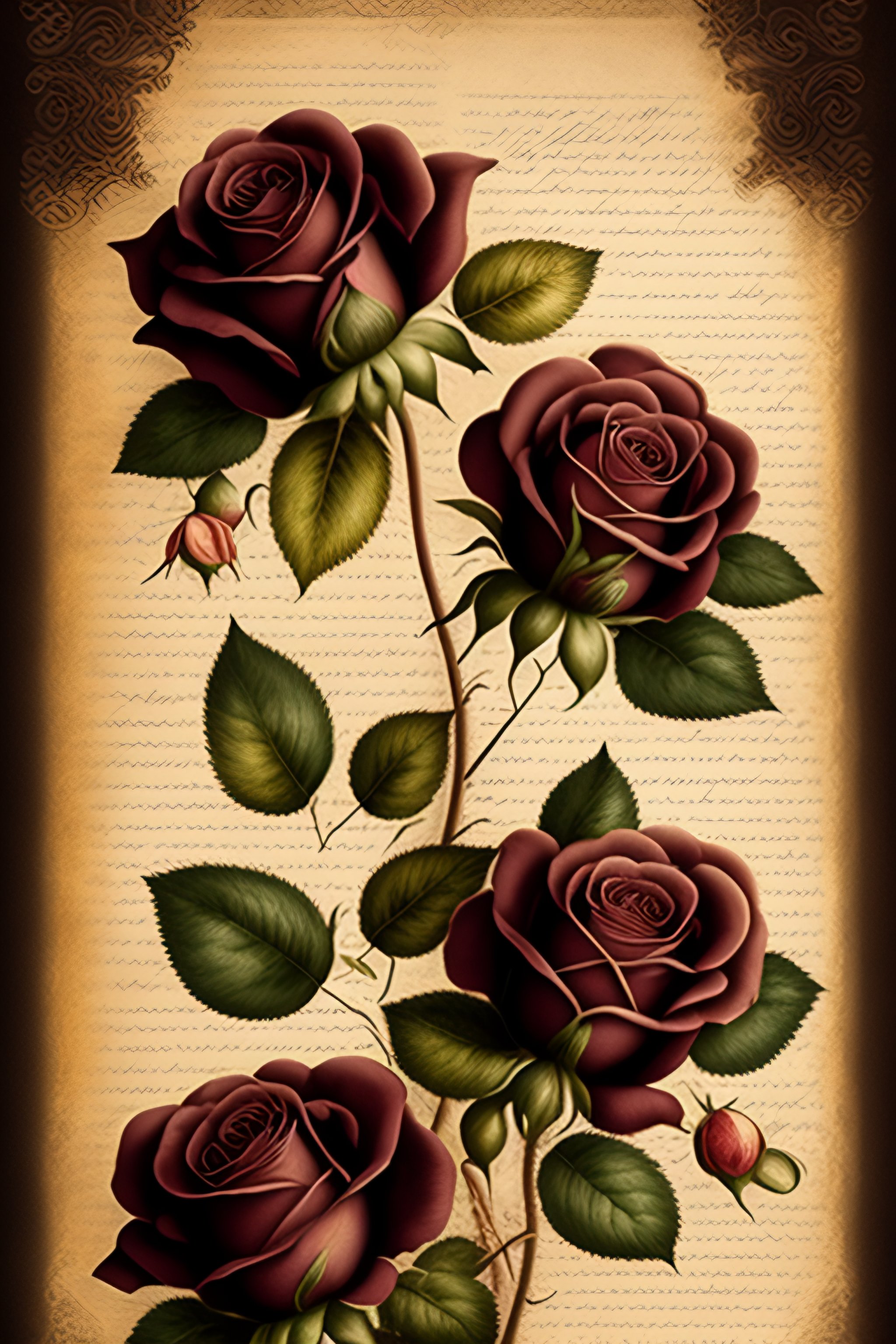 Lexica - Old parchment paper high quality with watermark dark roses and ...