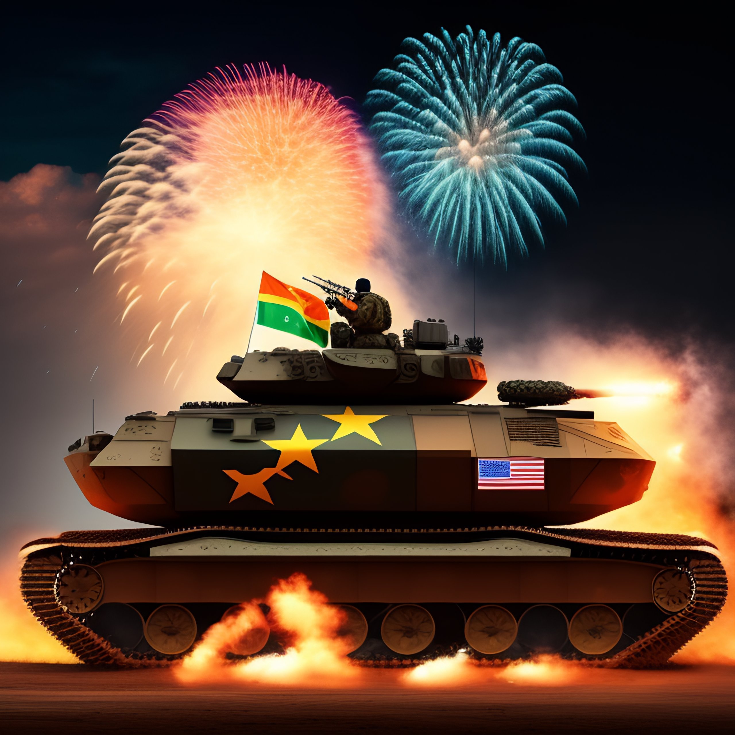Lexica - Bolsonaro riding atop of a war tank, fireworks, brazilian flag ...