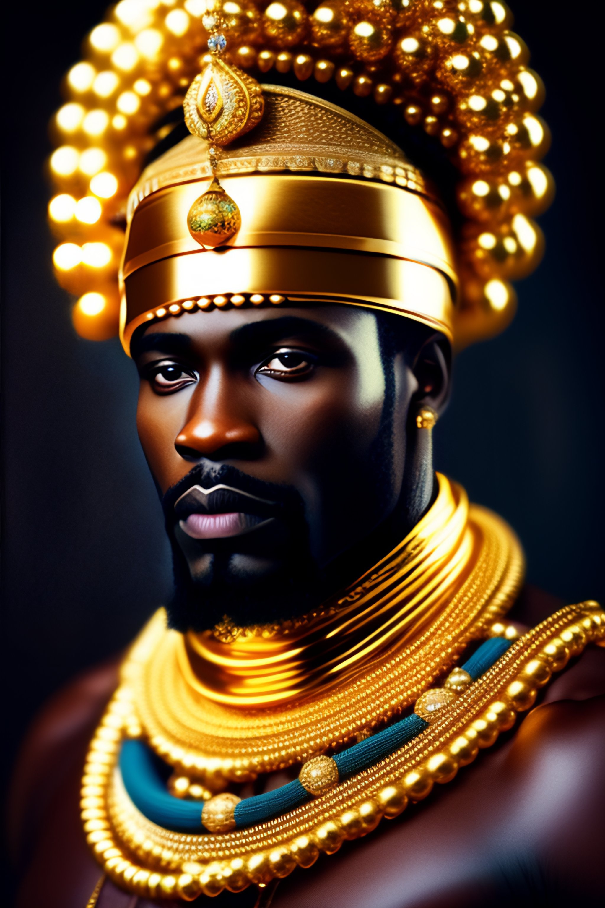 Lexica - African King, wearing gold ornaments, looking into camera ...