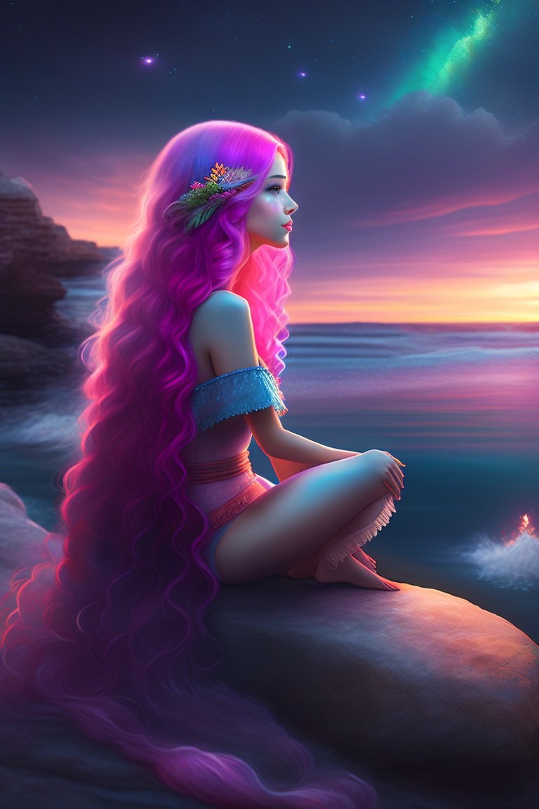 Lexica - Sitting on a rock facing the ocean, a mermaid with long pink ...