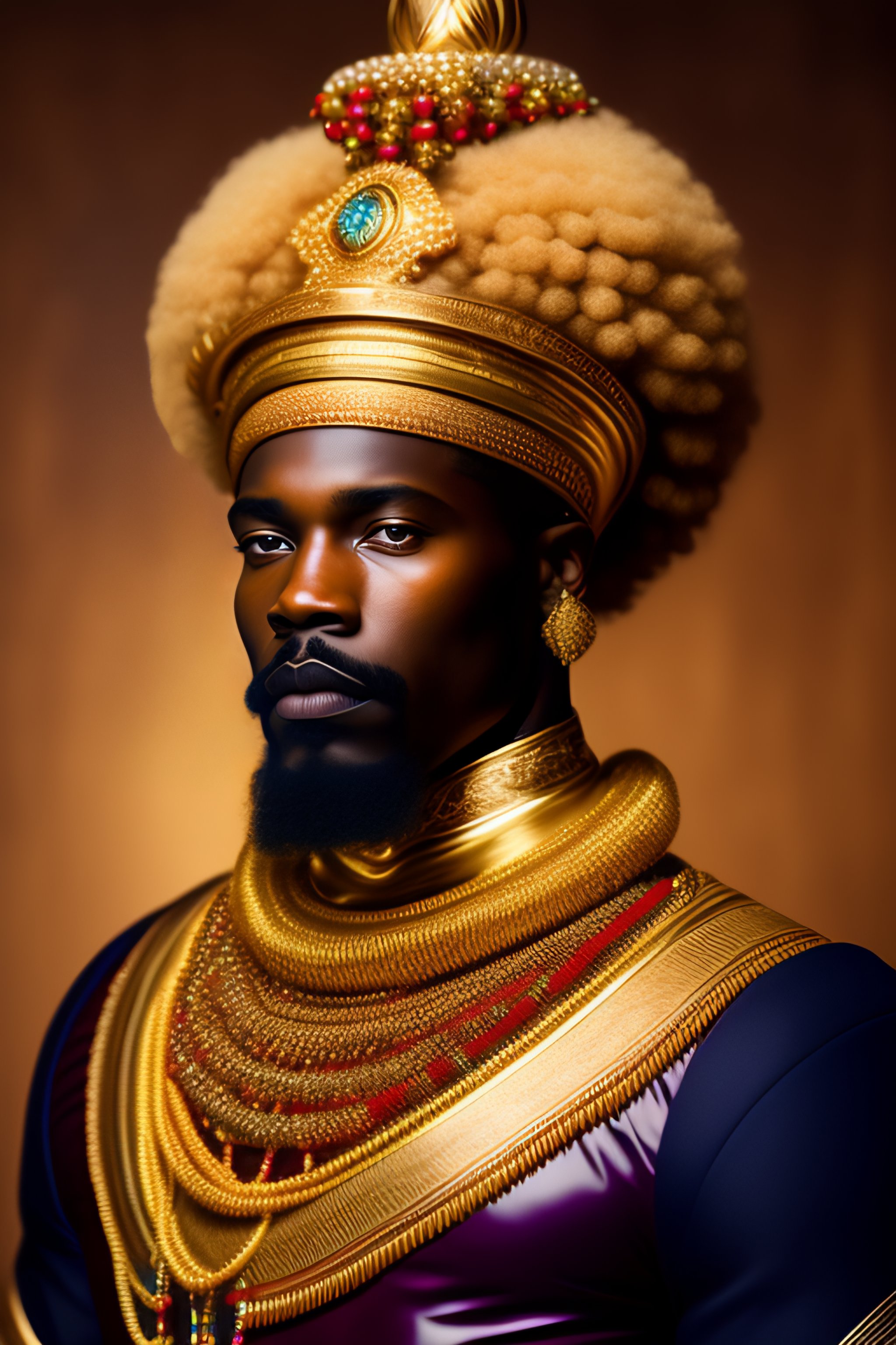 Lexica Portrait of strong afro African king, dressed in gold ornaments