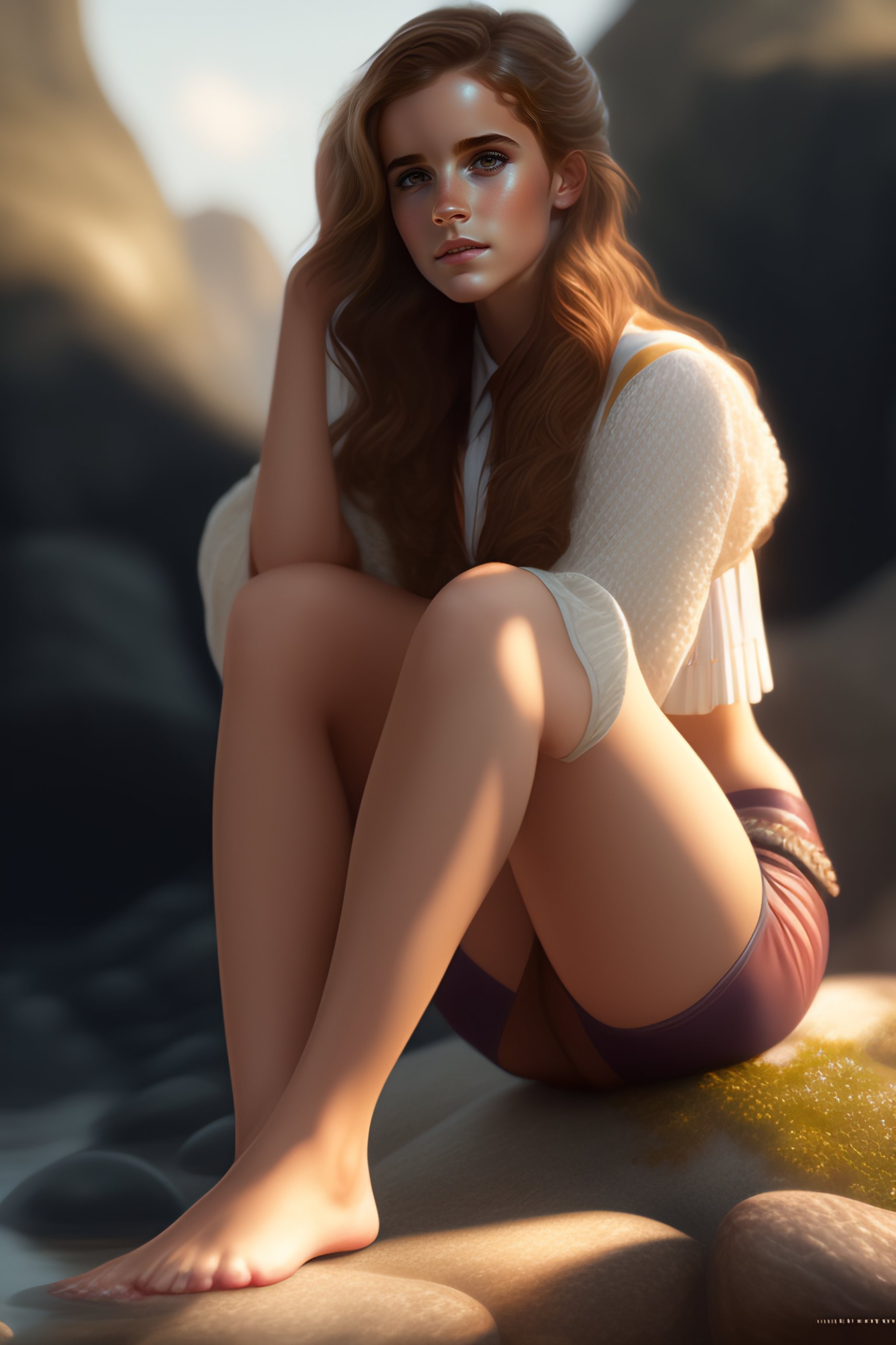 Lexica - Mini bikini, sitting on a stick, full length, legs, feet, young Emma  Watson as Hermione Granger, anatomy, bathed in light, highly detailed, ...