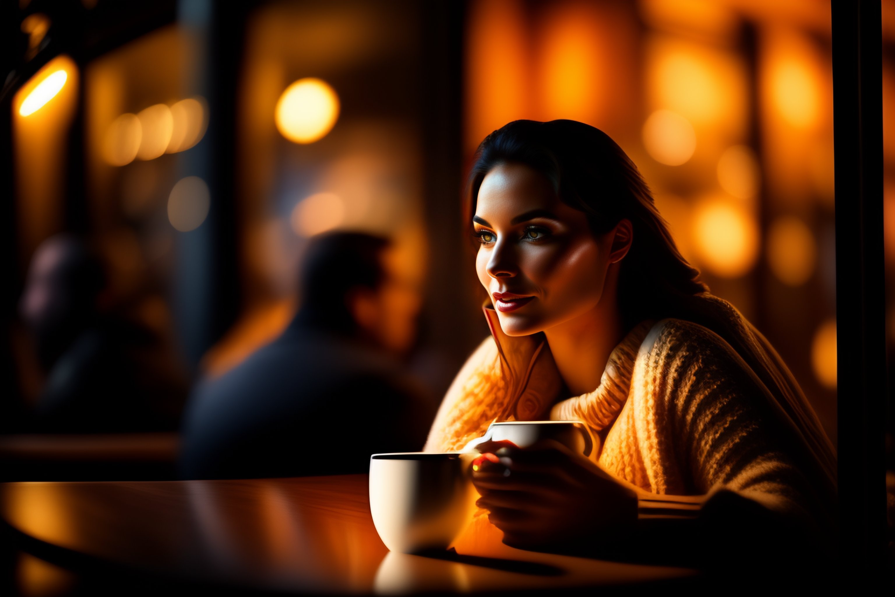 Lexica A Close Up Of A Beautiful Woman Drinking Coffee At A Starbucks Ambient Lighting At 1486