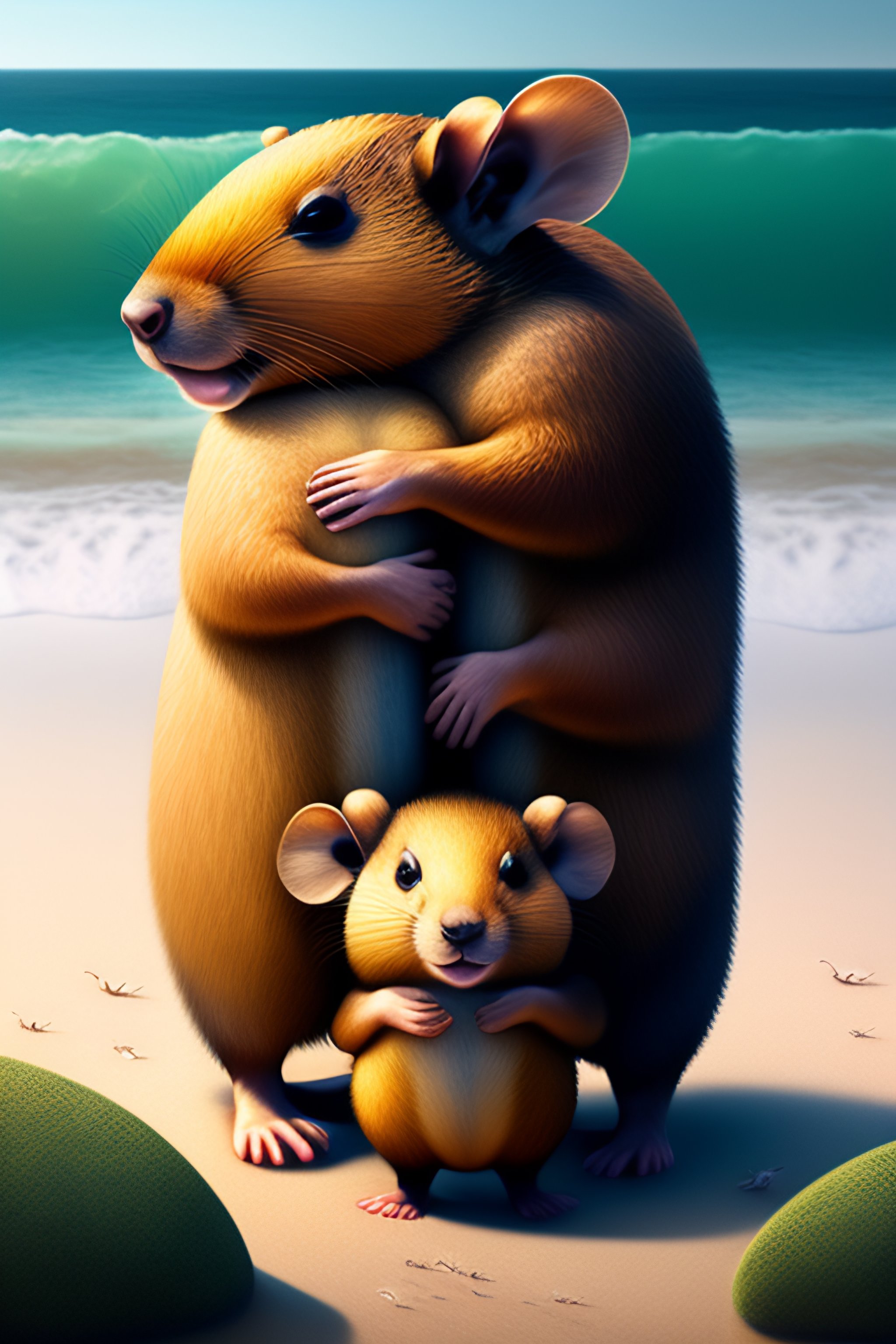 Lexica - Giant rodents hug everyone cozy village by the sea