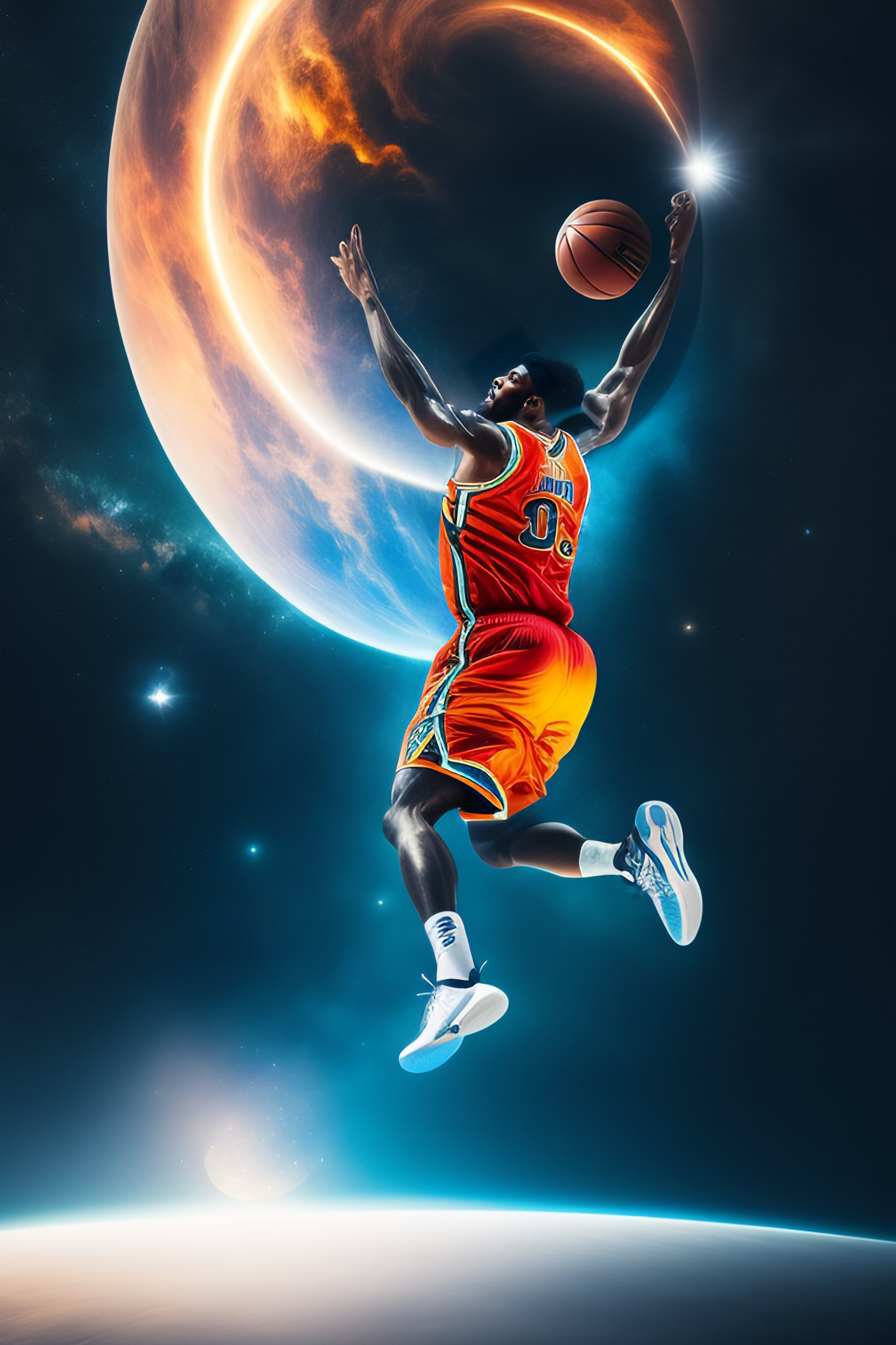 Lexica - Basketball player dunking in space, hyperrealistic, 8k