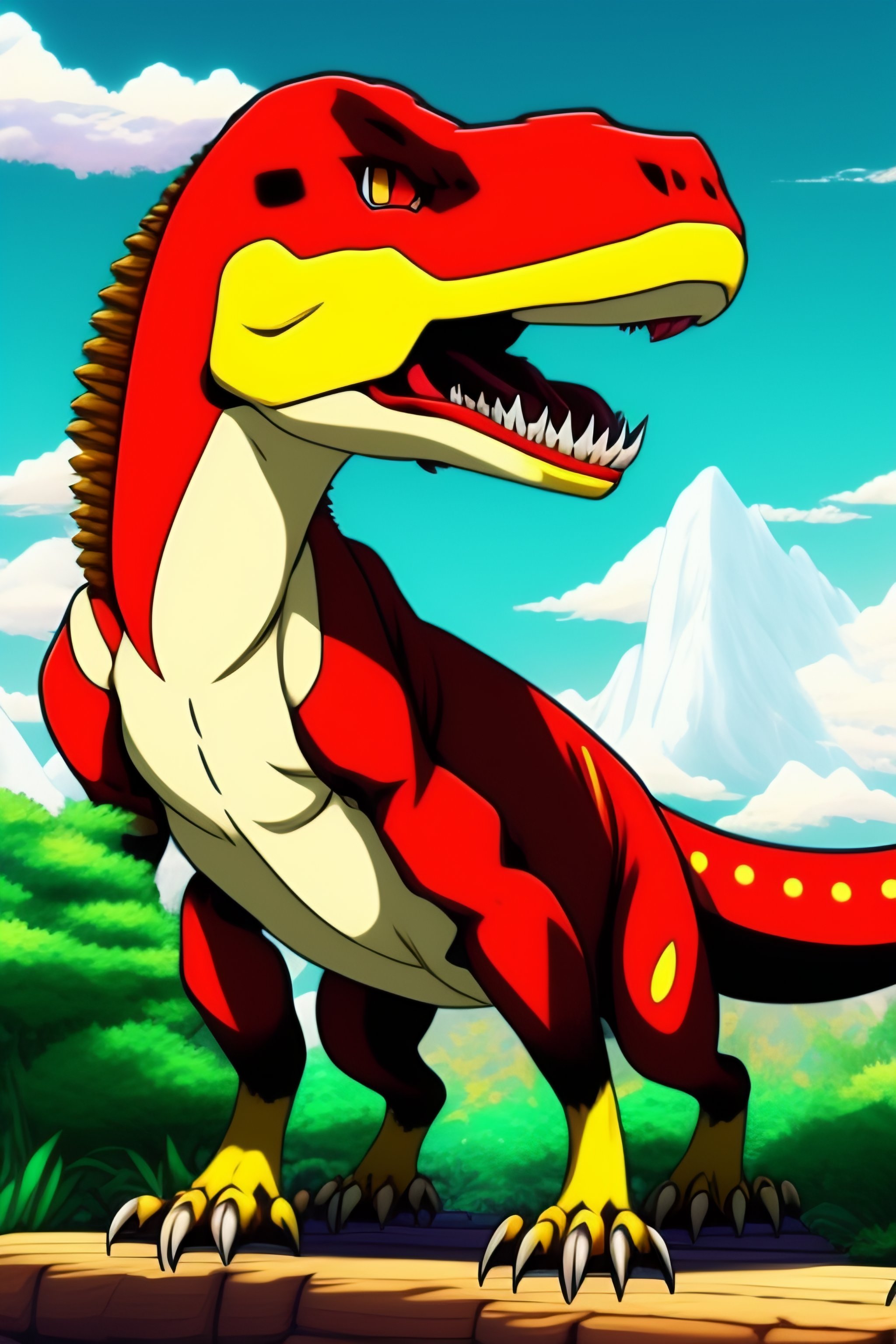 Lexica - Anime illustration of a Pokemon Red-Coloured Raptor Dinosaur