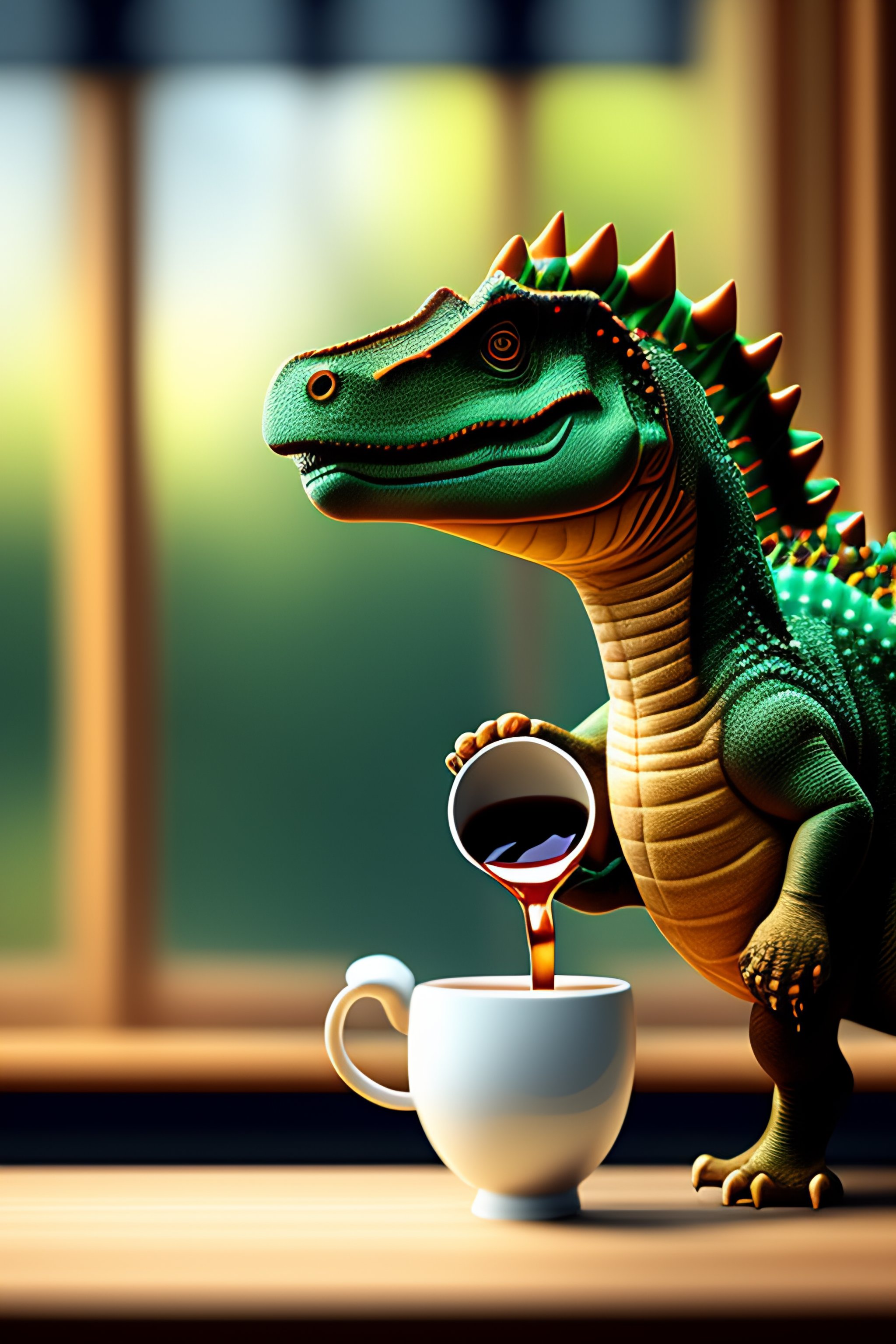 Lexica Dinosaur drinking tea with its hands