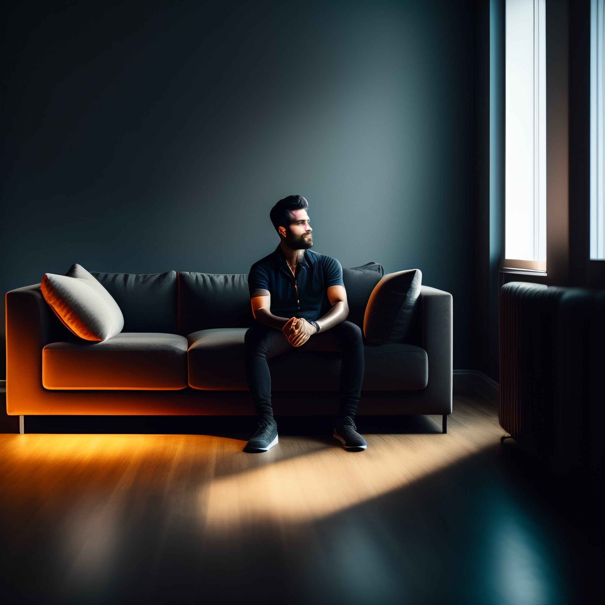 Lexica A man sitting on a couch in a dark room with pitchblack