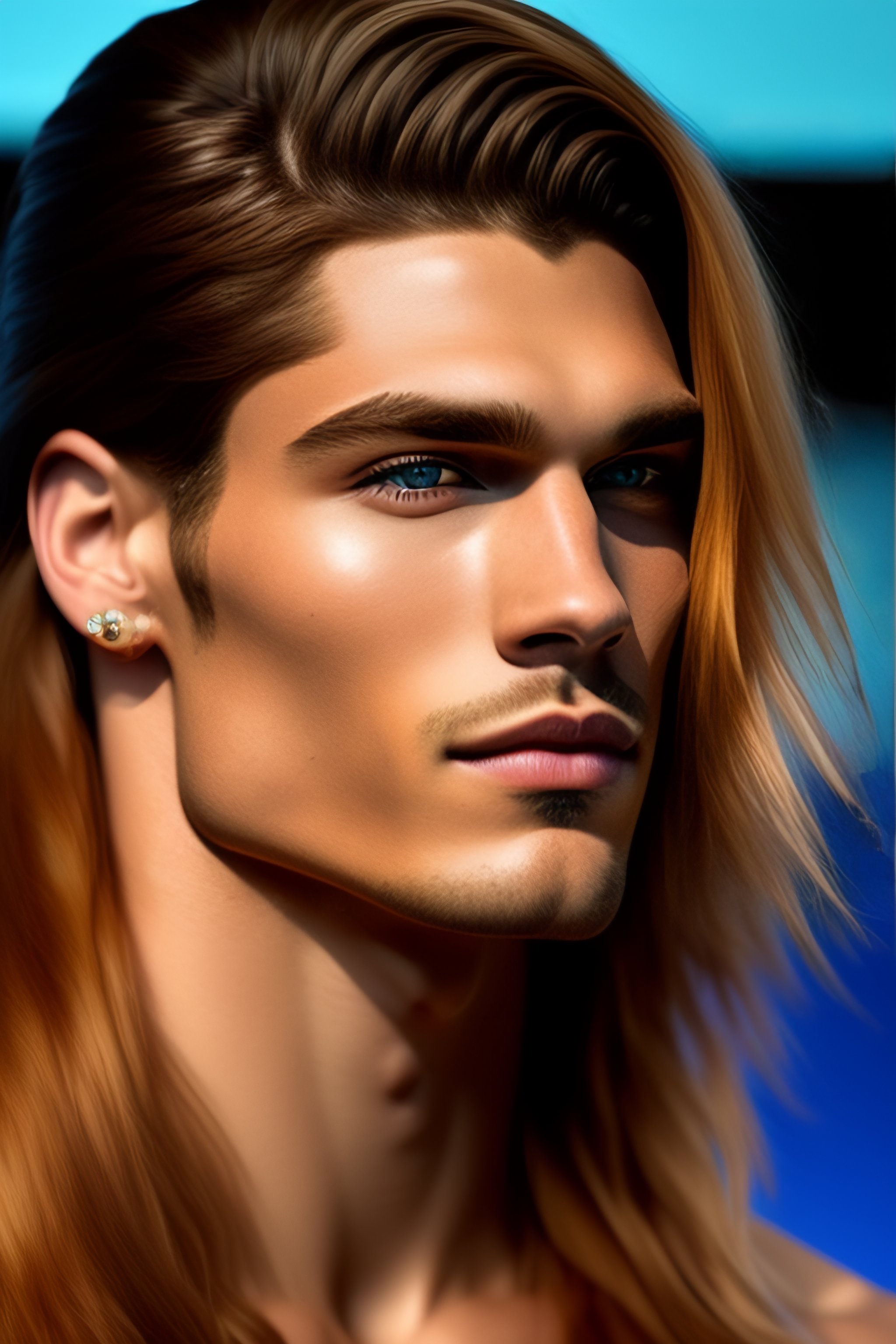 Lexica Cute men with long hair, blue eyes, caramel skin, tattoed with