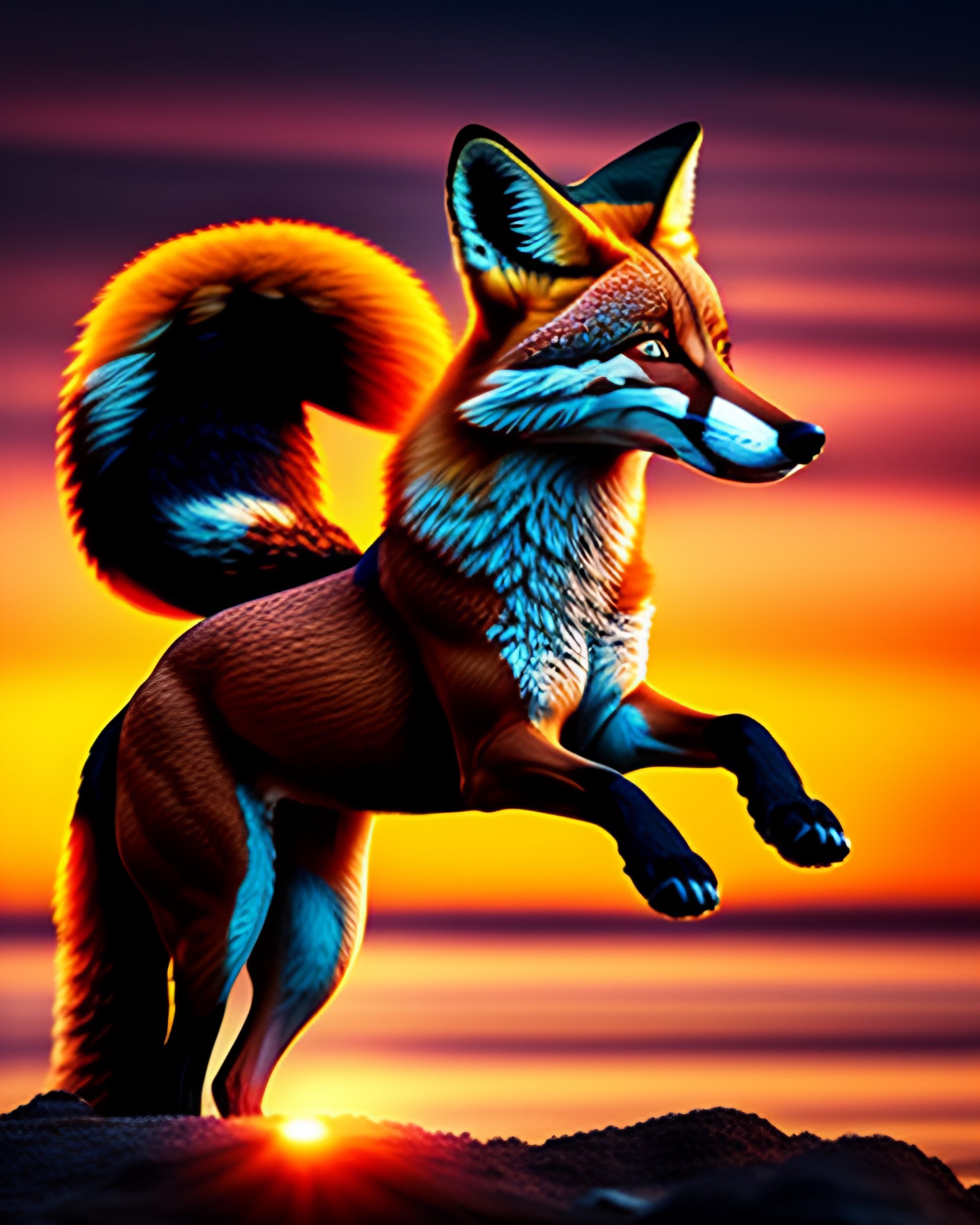 Lexica - Full body muscular female warrior fox flying sunset
