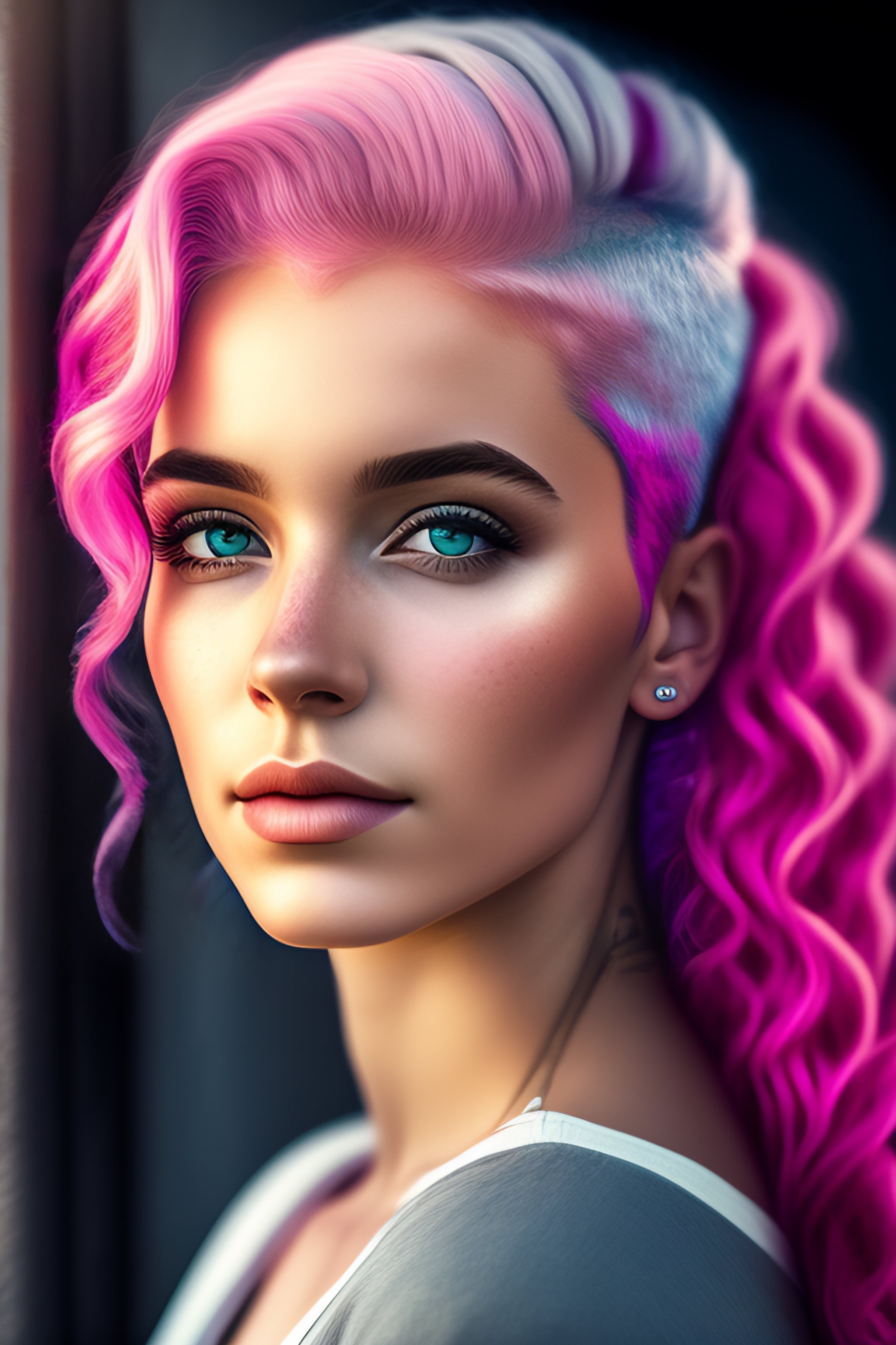 Lexica - Portrait of a girl with pink hair and gray eyes, cinematic ...