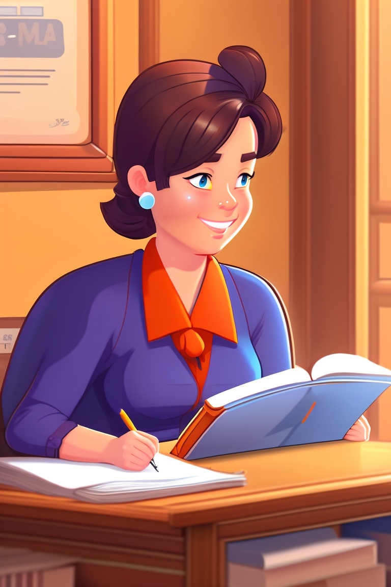 Lexica Pearson in doodly style sitting at a desk wich has a lot of