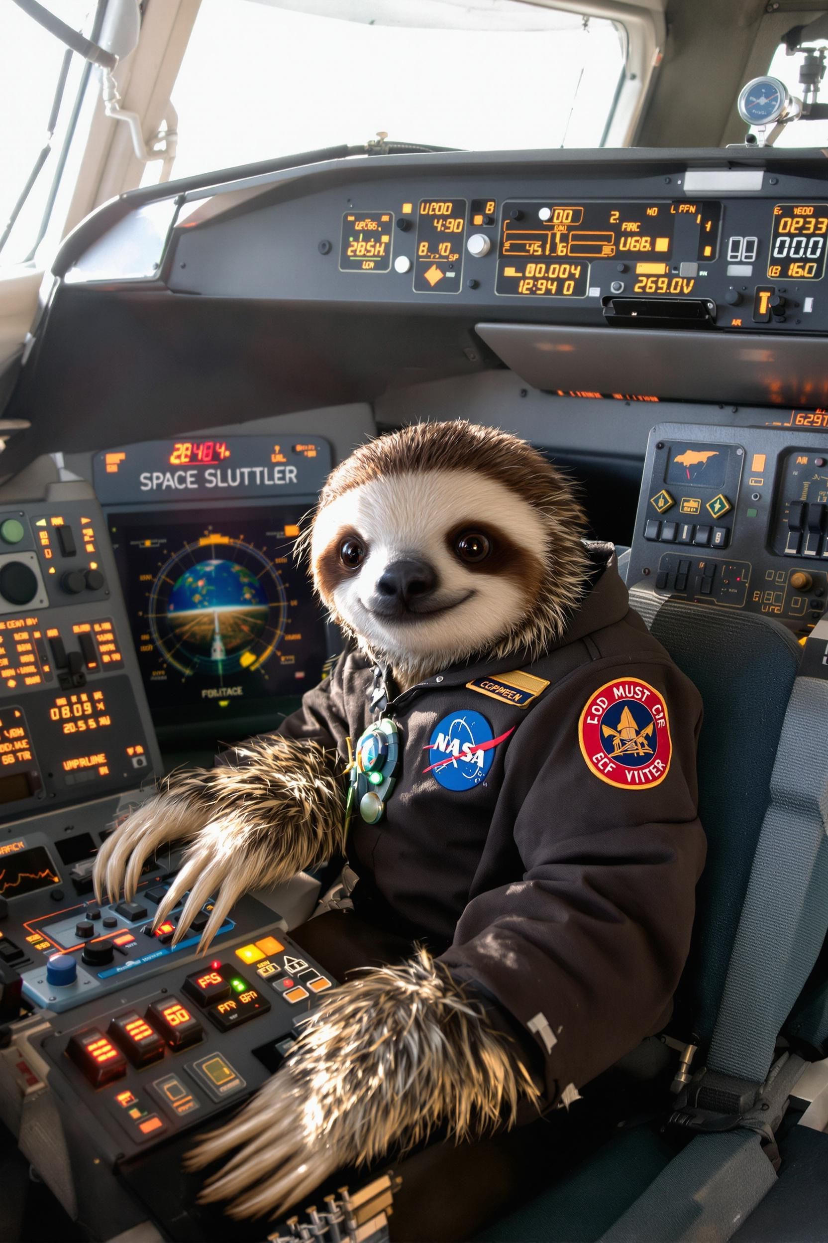 Lexica - A cute and tiny sloth captain inside the Space Shuttle's ...