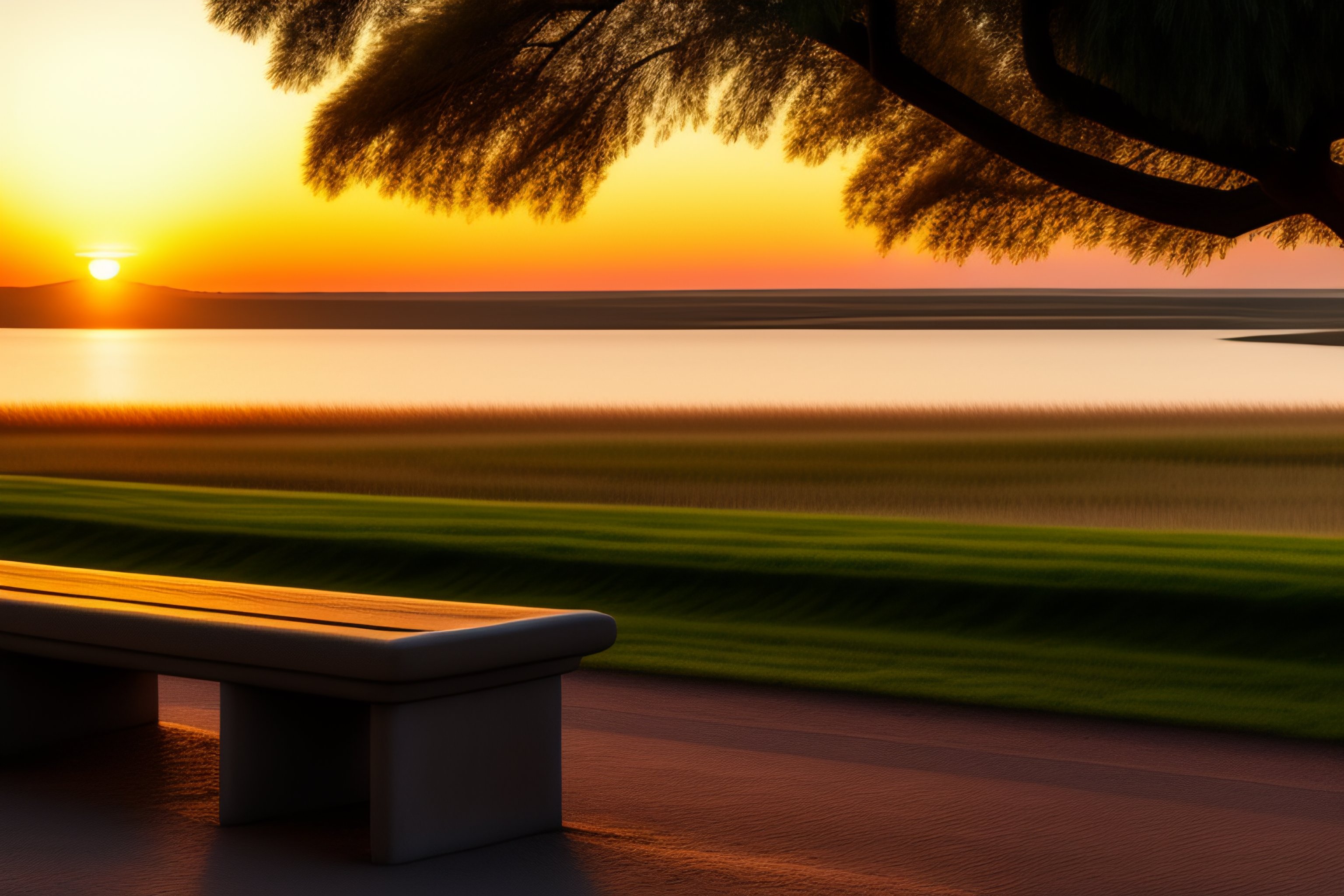 Lexica - Peaceful bench, beautiful landscape in front of it at sunset ...