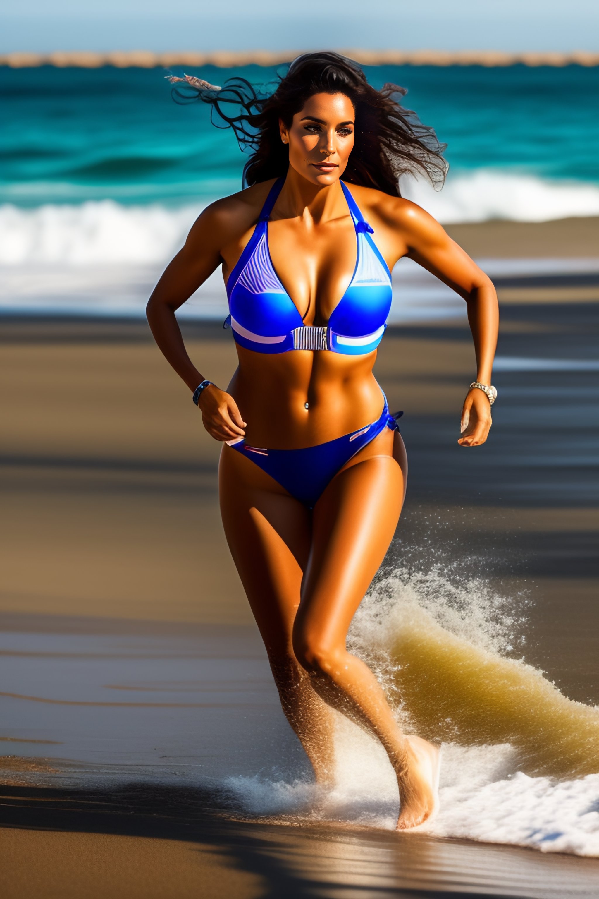 Lexica - Mujer hermosa corriendo en la playa con el pelo sueltpo junto al  mar vestida con un bikini azul