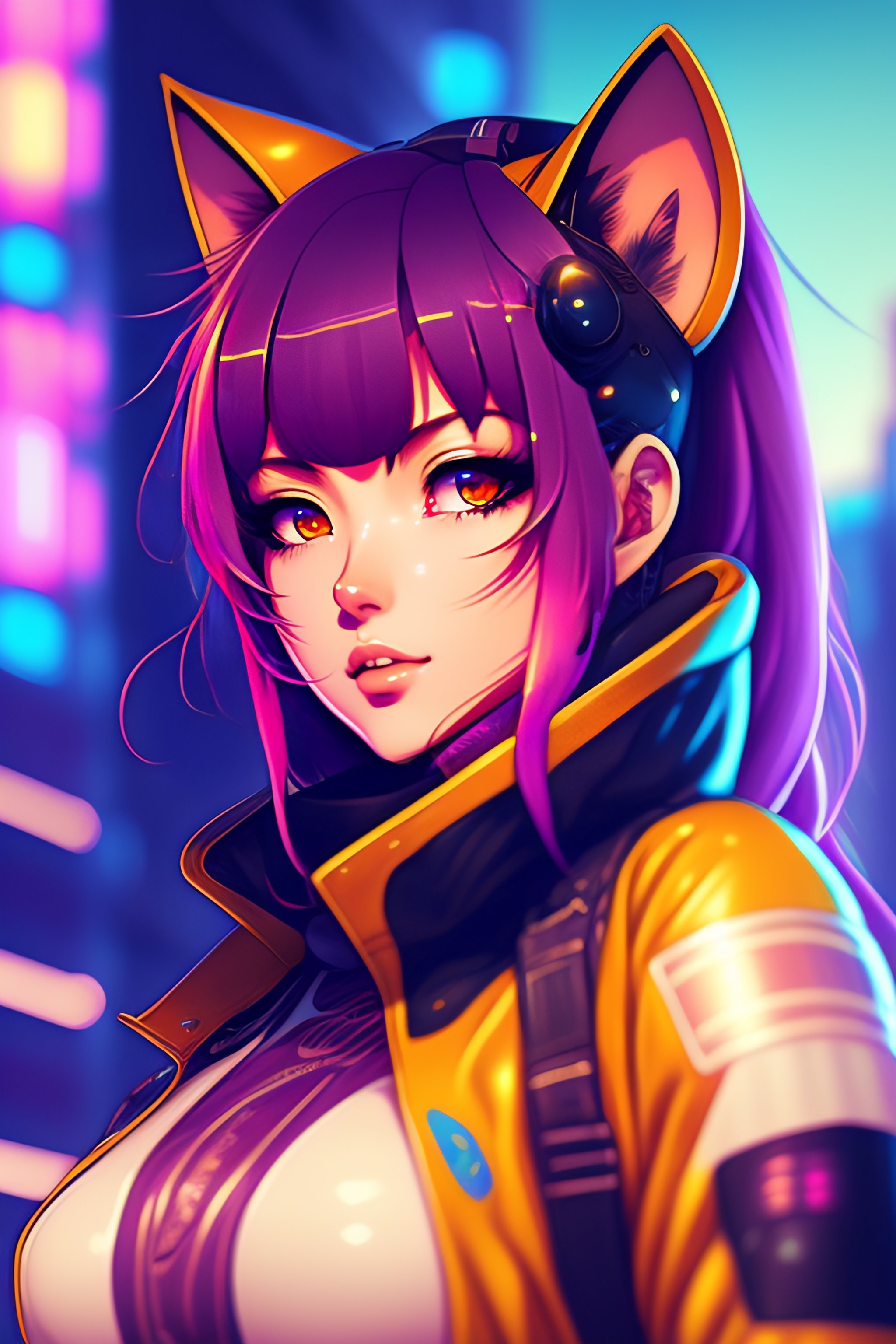 Lexica - Portrait of a Cute Anime Cyberpunk Cat Girl in a Retro Future ...