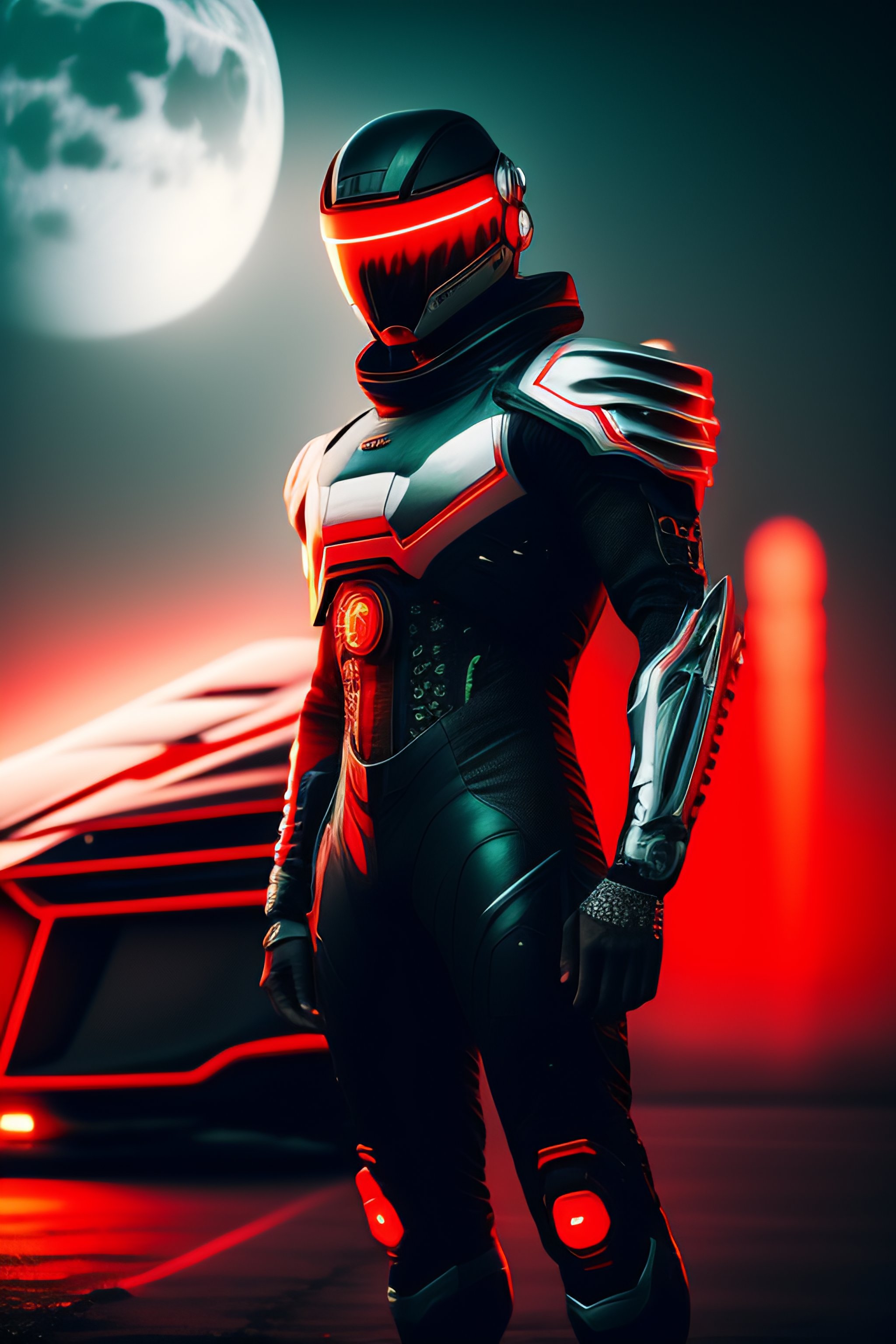 Lexica - Humanoid, cyborg next to a race car with arms crossed, cyber ...