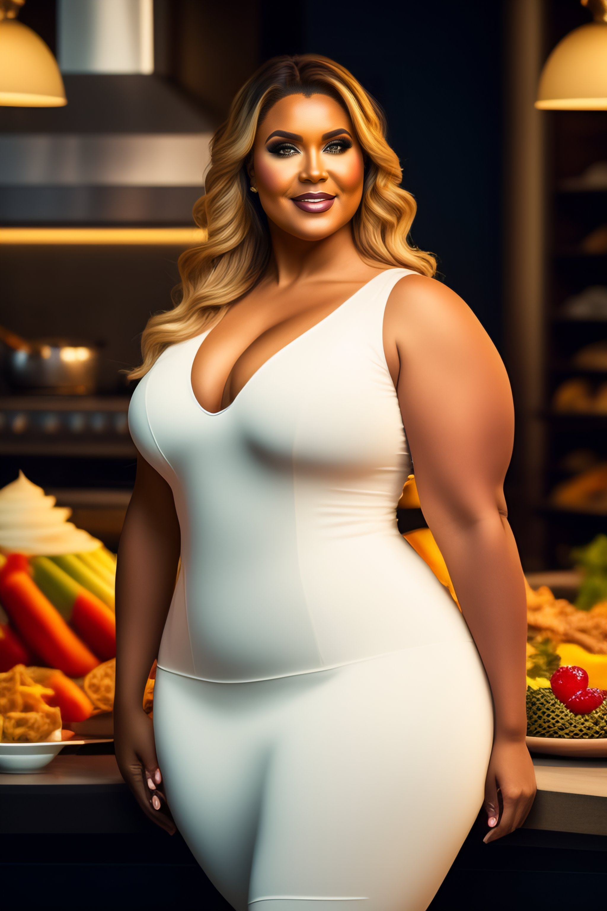 Lexica - Full-figured shapely Swedish woman wearing a tight and revealing  shirt, serving food