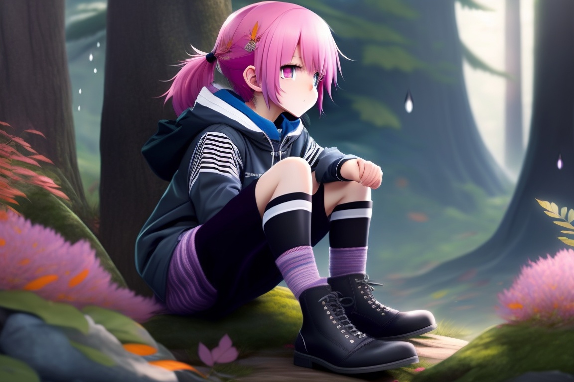 Lexica - Anime character, boy with pink hair, short shoulder-length hair,  wearing a black hooded sweatshirt, a black schoolgirl skirt, black and  whit...